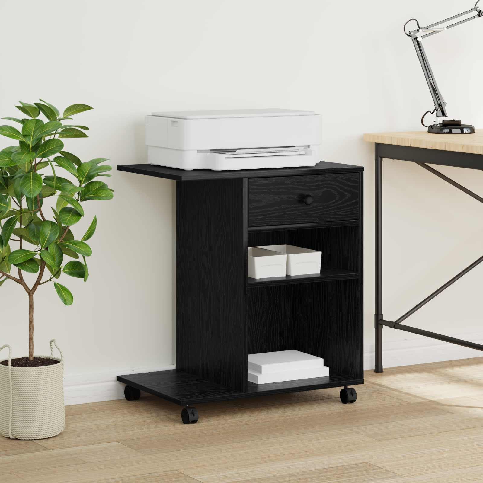 Druckerständer mit Rollen aus Holzwerkstoff in Schwarz Eichen-Optik, 60 x 40 x 68.5 cm, mit Schubladen für Stauraum, rollbares Design für Flexible Büroorganisation