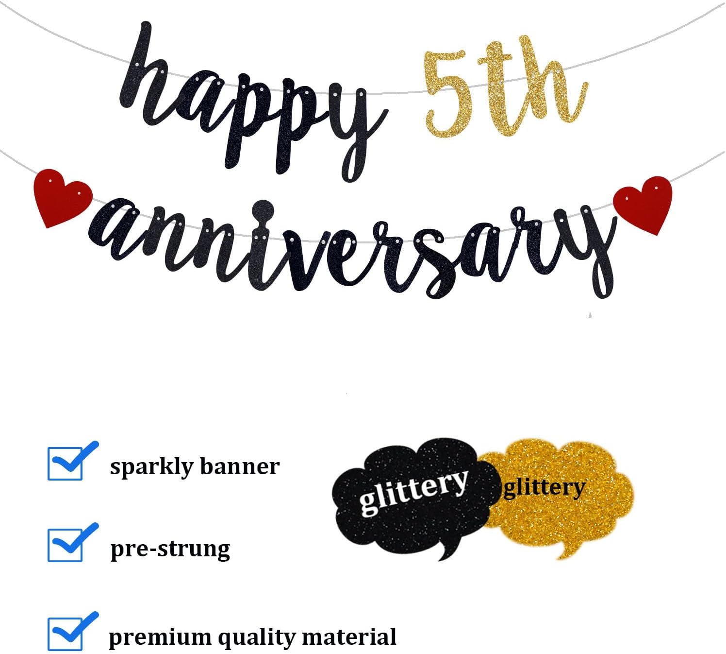Happy 5th Anniversary Banner, 5th Wedding Anniversary & Birthday Party Bunting Decoration (Black & Gold, 118 inches x 18 inches, Pre-Strung) - Image 5