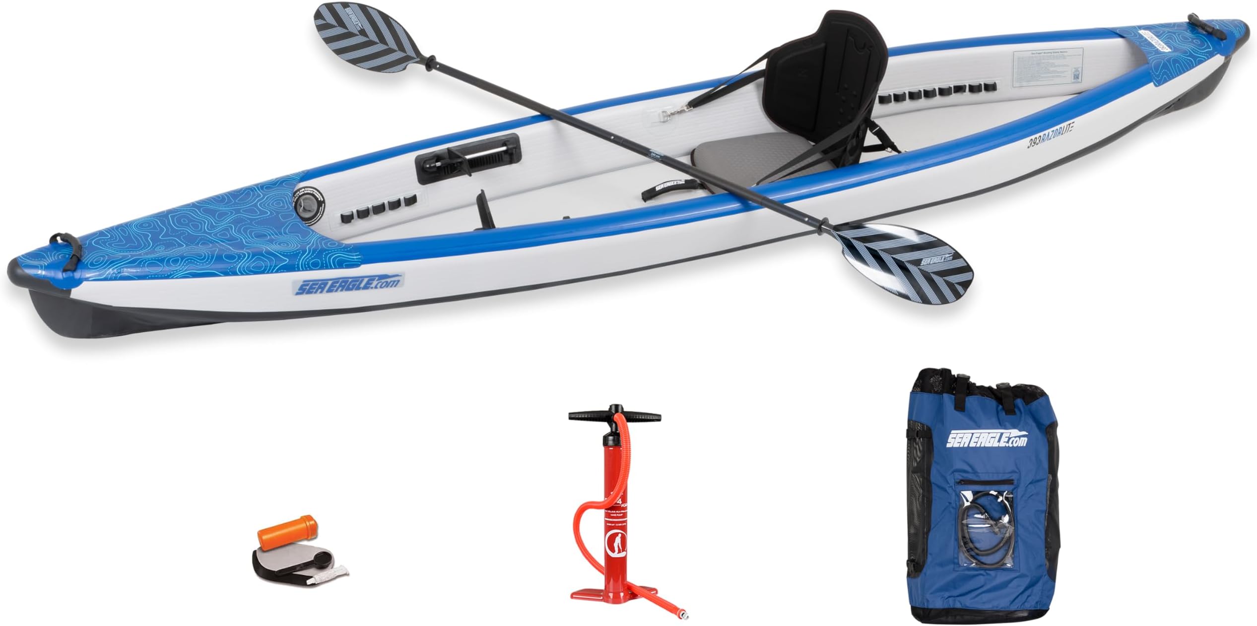 RazorLite Inflatable Kayak - Lightweight, Drop Stitch, High Speed Touring Kayak - Solo or Tandem - Tall Back Seat(s), Paddle(s), Backpack, Skeg and Pump