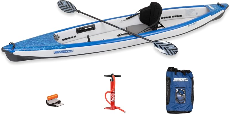 Kayak inflable Sea Eagle RazorLite - Kayak de travesía ligero, de punto caído, de alta velocidad - Solo o en tándem - Asiento(s) trasero(s) alto(s), remo(s), mochila, patín y bomba