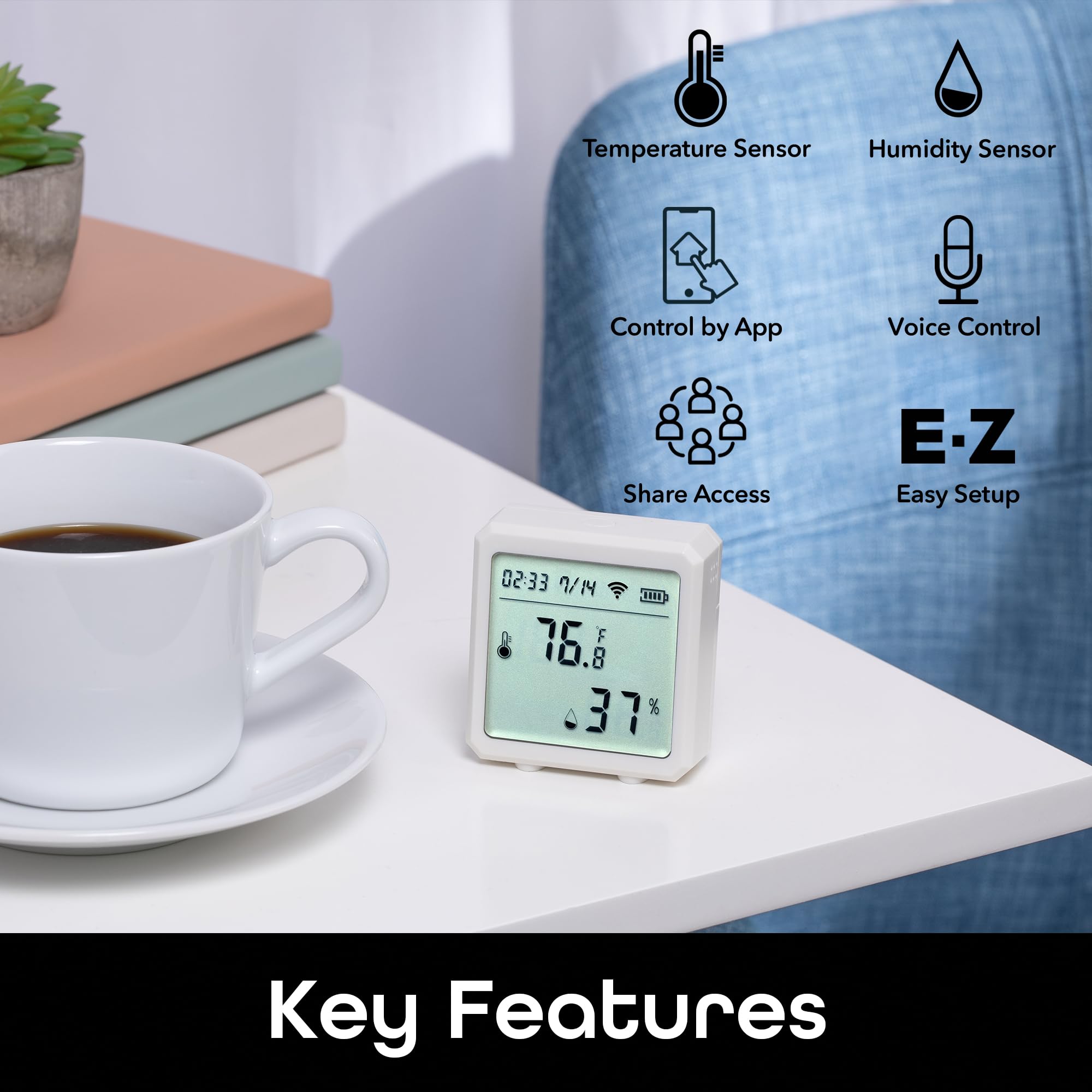 Geeni Smart Temperature and Humidity Monitor Sensor - Indoor Wireless WiFi Thermometer Hygrometer for House, Alexa, Google Home App Controlled, Batteries Included