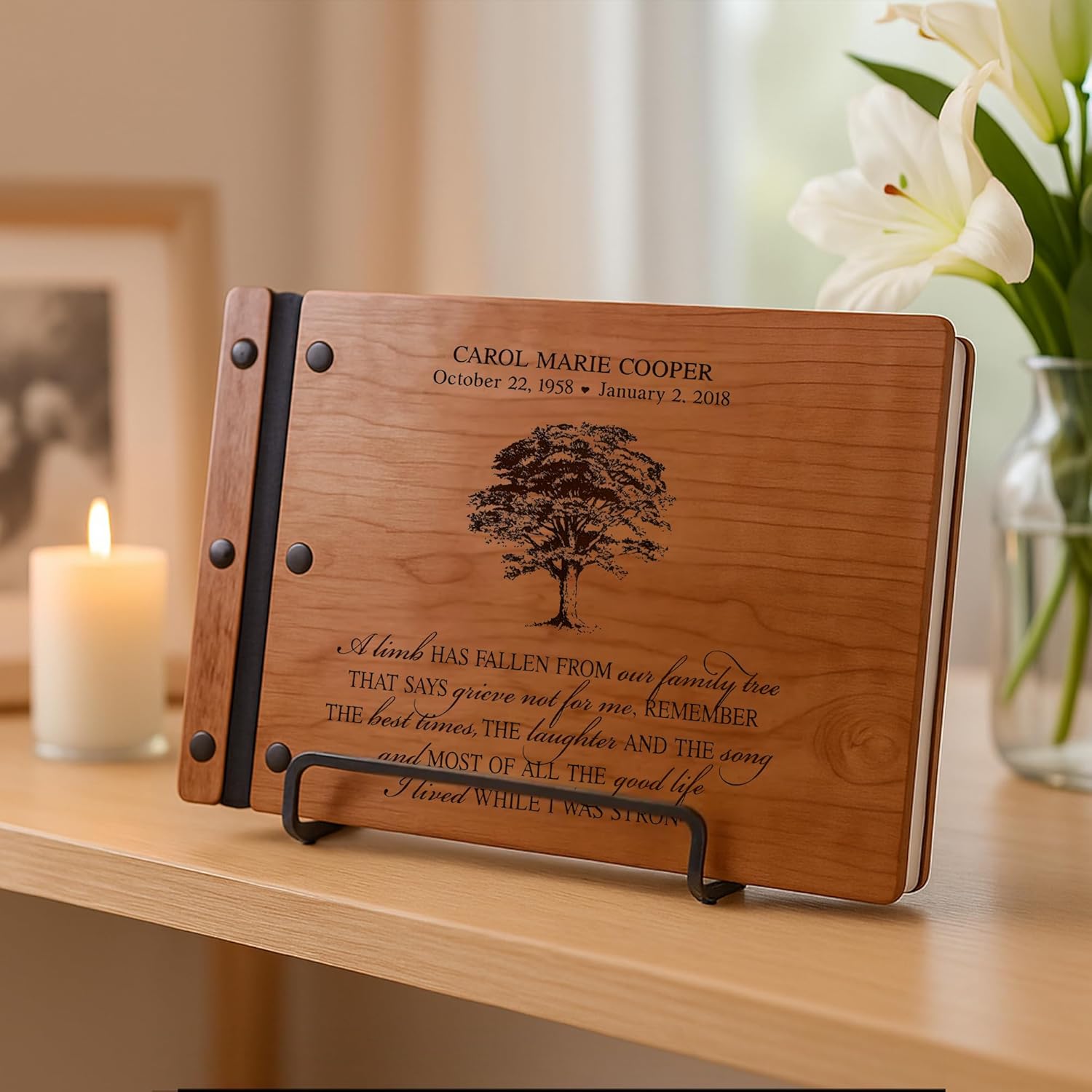 LifeSong Milestones Personalized Funeral Guest Book | Engraved Memorial Sign-in Book | Custom Tree of Life Wooden Guest Book for Celebration of Life & Funerals (Fallen Limb Cherry)