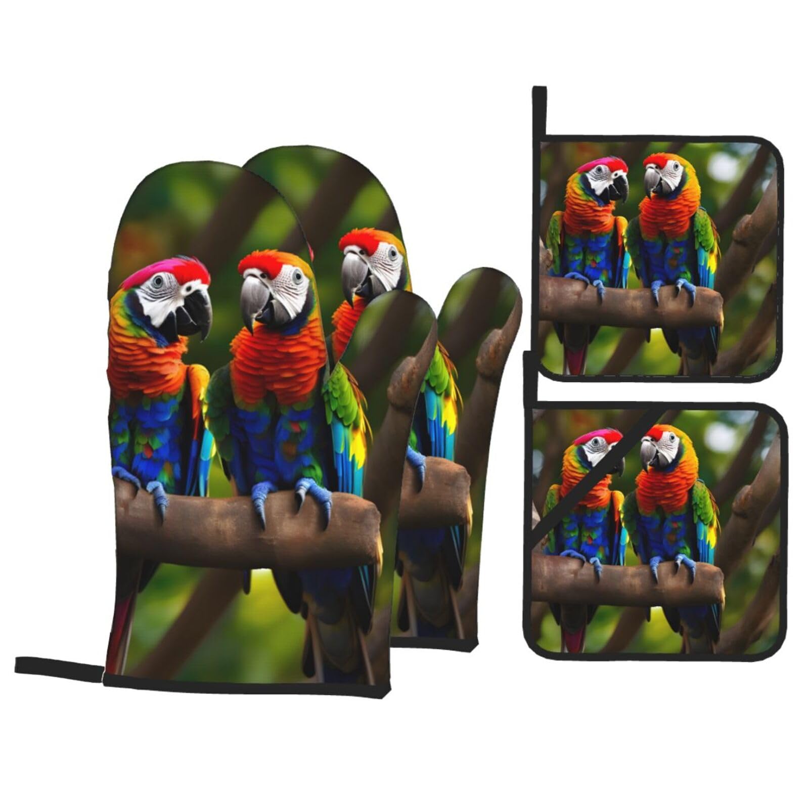 Colorful Parrots On Tree Print 4-Piece Oven Microwaving Set Kitchen Gloves for Holiday Cooking Baking Grilling