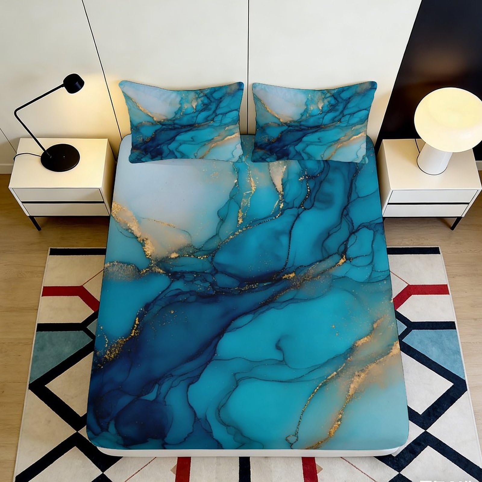 3D Printed Blue Marble Fitted Sheet Microfiber Soft Breathable Gold Vein Bed Sheet for Bedroom Dormitory Guest Room Mattress Protection Decor 160x200x25cm