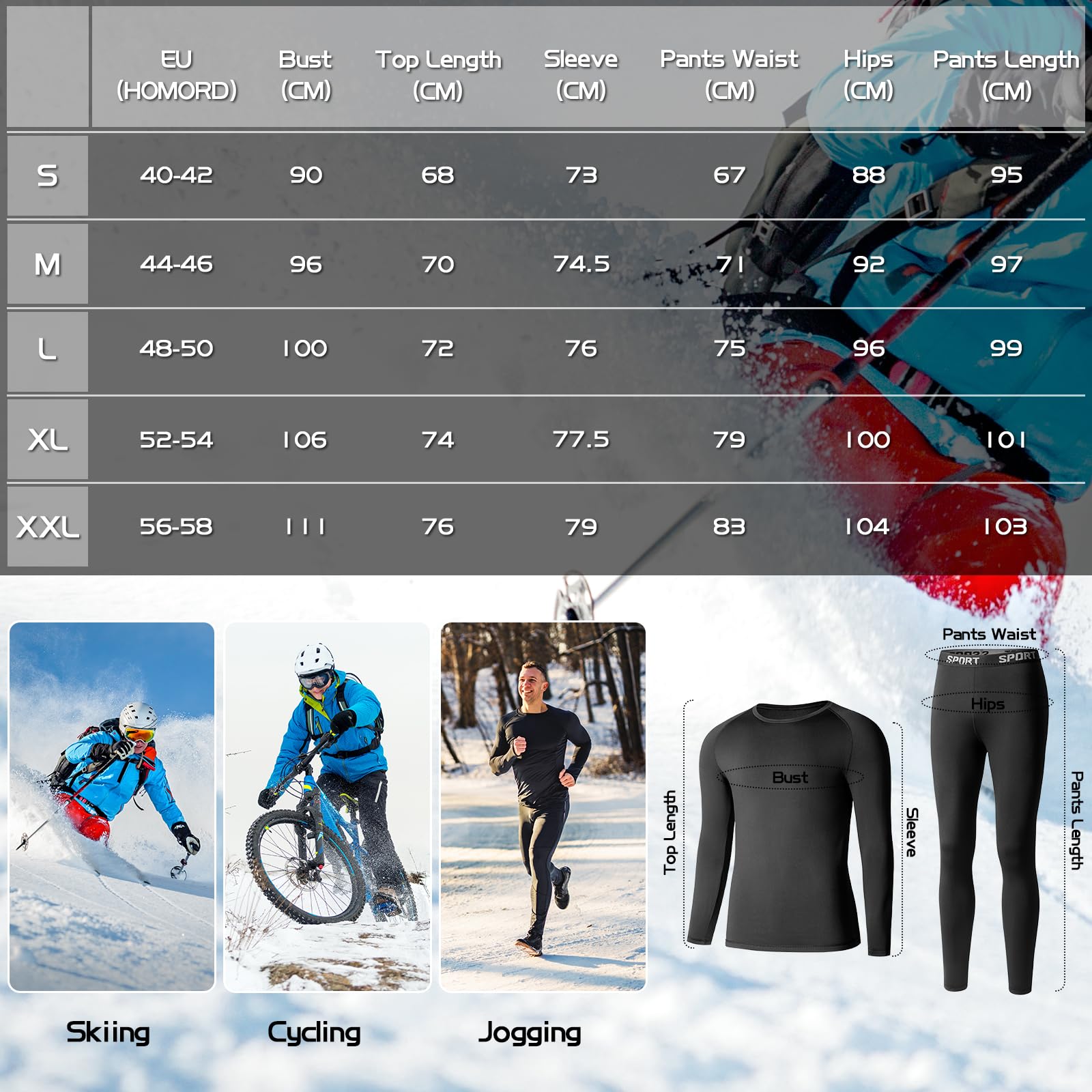 Homord sous Vetement Thermique Homme, Ensemble de sous-Vêtement Ski Grand Froid - Homme à Manches Longues Couche de Base Haut et Pantalon Chaud sous Vetement Hiver pour Ski Moto Sport