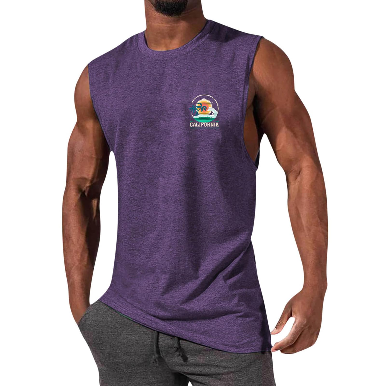 Glsayzu Men's Purple Casual Tank Tops Summer Beach Sleeveless Shirt Muscle Tee Basic T-Shirts Loose Fit (,Xxl)