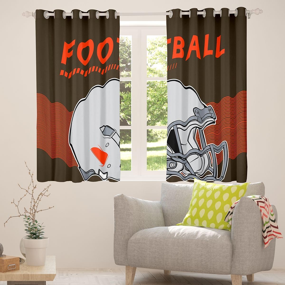 Erosebridal Gridiron Blackout Curtains Football Player Athlete Curtains 52''Wx84''L for Kids Girls Boys Gridiron Helmet Curtains & Drapes Football City Window Curtains, Brown Orange