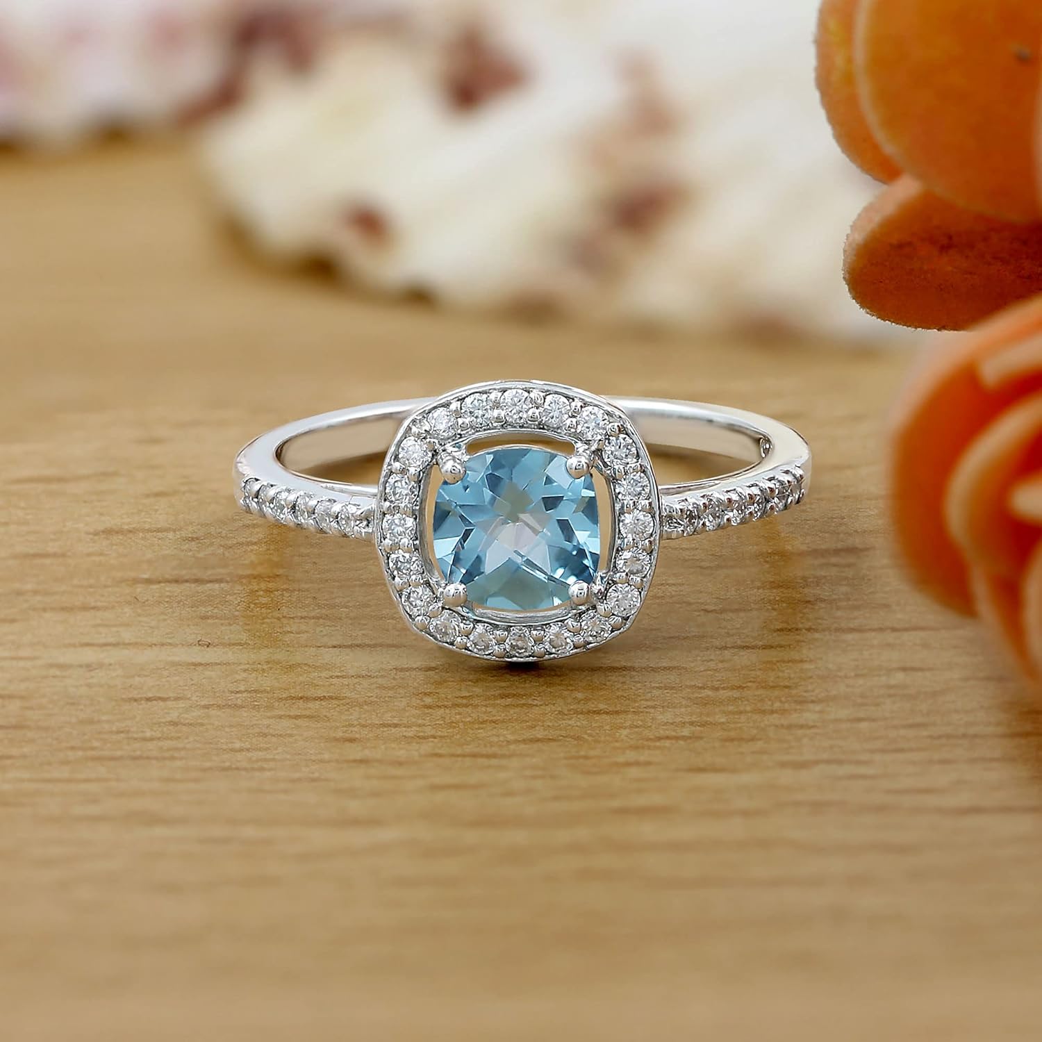 TISHAVI Natural Swiss Blue Topaz with Moissanite Stones Rings for Women, Vintage Style 925 Sterling Silver Handmade Cluster Ring Jewelry, Gifts for Mom Wife Sister Her