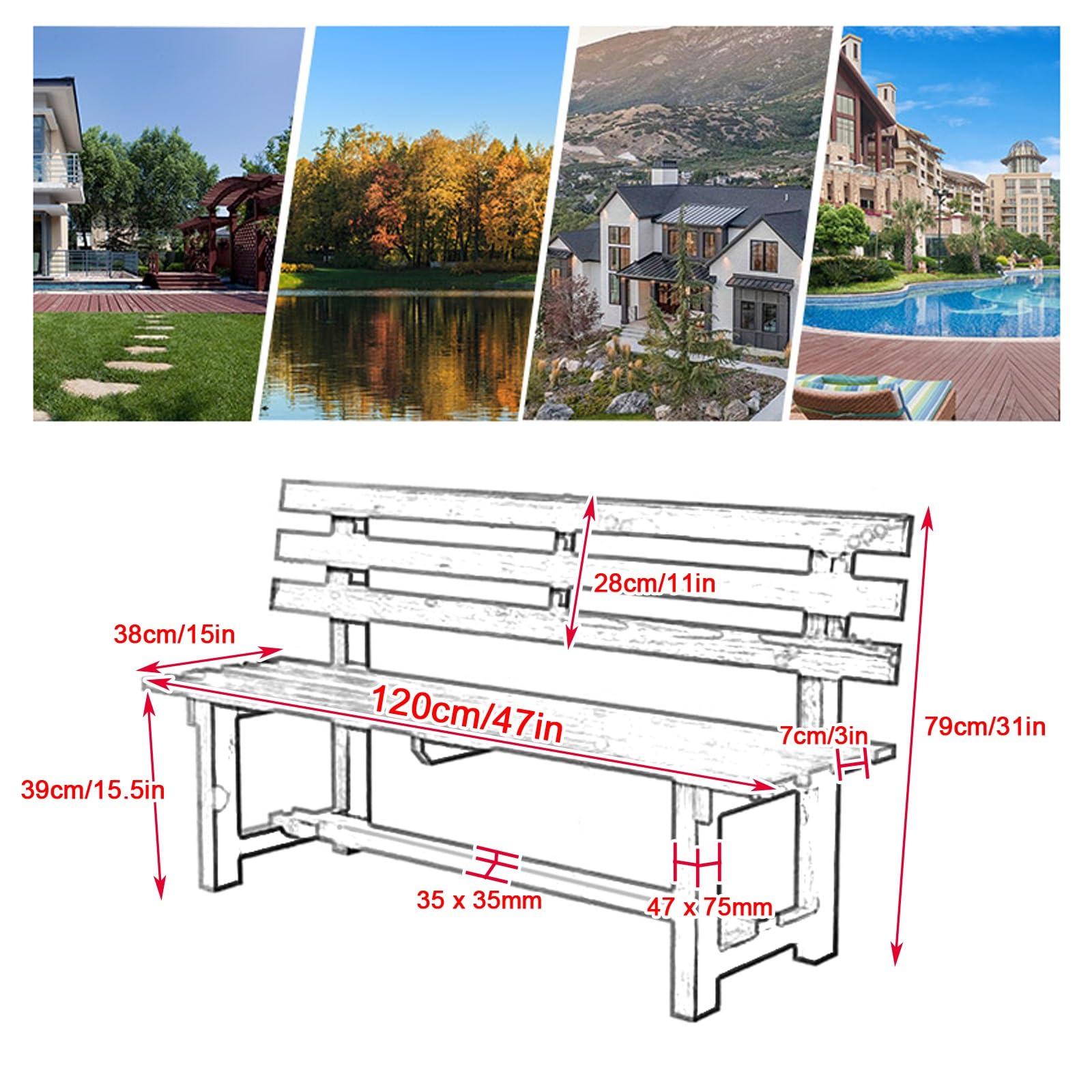 Panca Legno Esterno, Panche da Esterno con Doghe, Panchina da Giardino per Esterni per Patio, Giardino, Balcone, Cortile, Blu, Marrone, Bianco, Giallo Opzionale(White,120cm/47in)