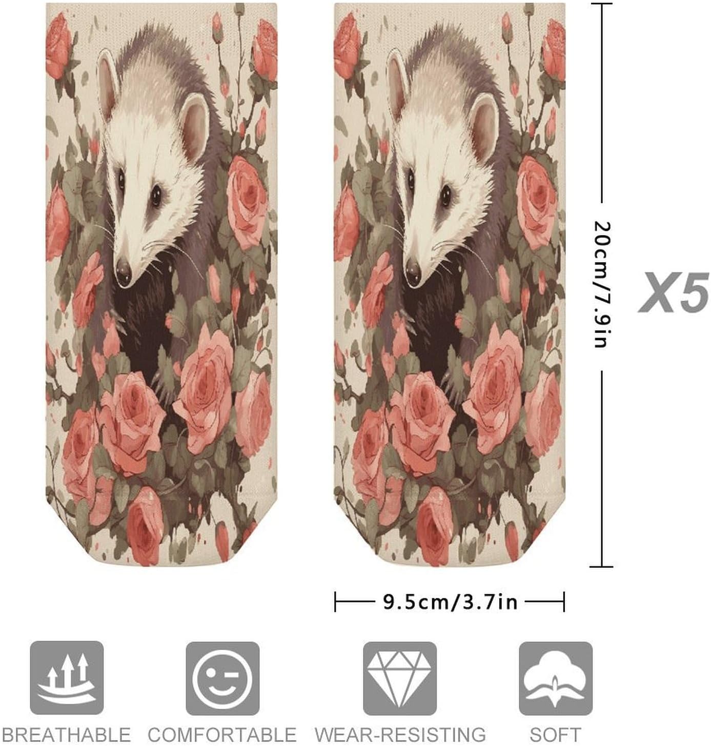 Opossum And Roses Ankle Socks for Men Women 5 Pairs | Comfortable Casual Low Cut Socks, Lightweight No Show Breathable Athletic Socks, Soft Mini Crew Socks for All Seasons
