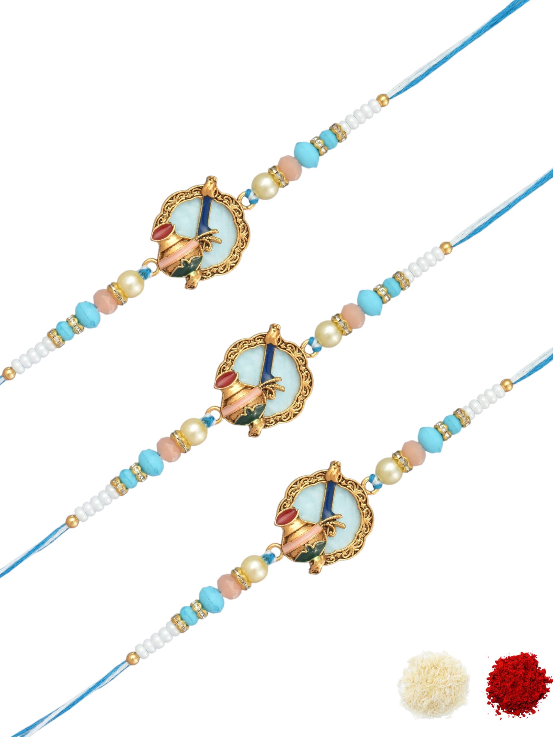 Premium Auspicious Kalash Motif Enamel Work, Pastel Beads & AD Studded Cotton Thread Pack of 3 Rakhi for Brother, Bhai, Kids with Roli Chawal & Greeting Card for Raksha Bandhan-58-image-3