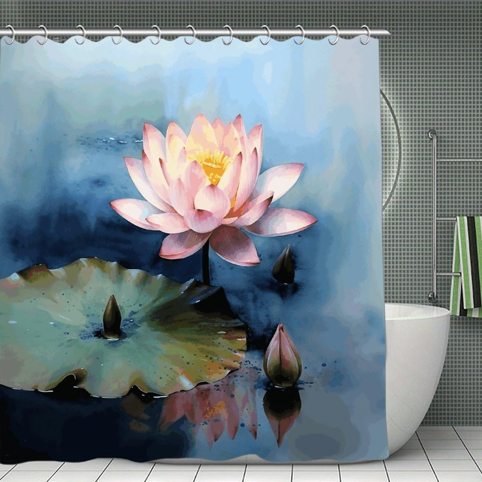 VstaDank Lotus Flower Painting Shower Curtain Waterproof Bathroom Curtain with Hooks Luxury Weighted Bath Curtains for Bathtubs Showers Room Dividers Decorative Shower Curtains 71x71 in