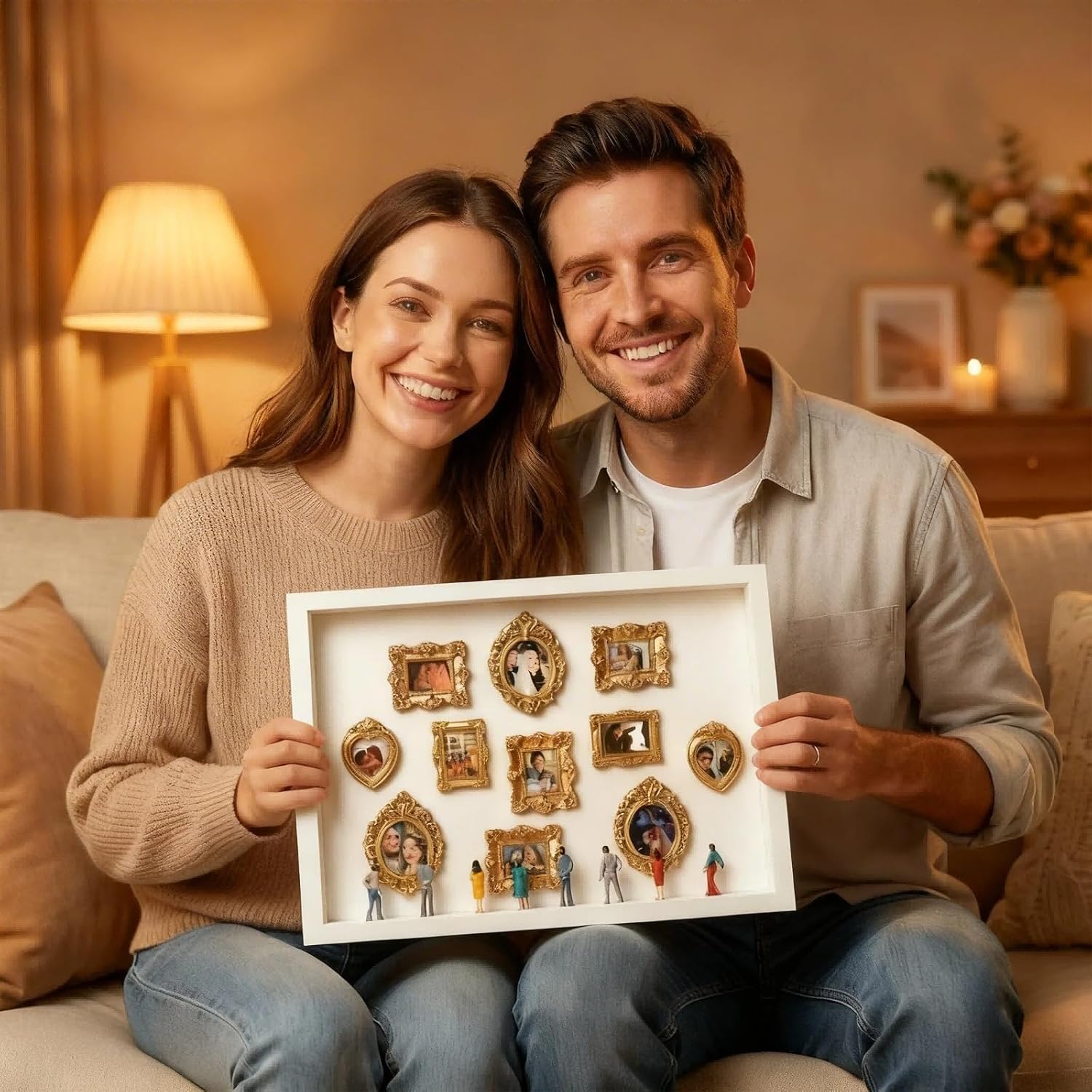 Mini Museum Frame Silhouette Box Kit ，Wedding Shadow Memory Box with Gold Frames & Figurines & Background Paper，Perfect for Anniversaries, Mother's Day, Birthdays, Valentine's Day , Home Decor