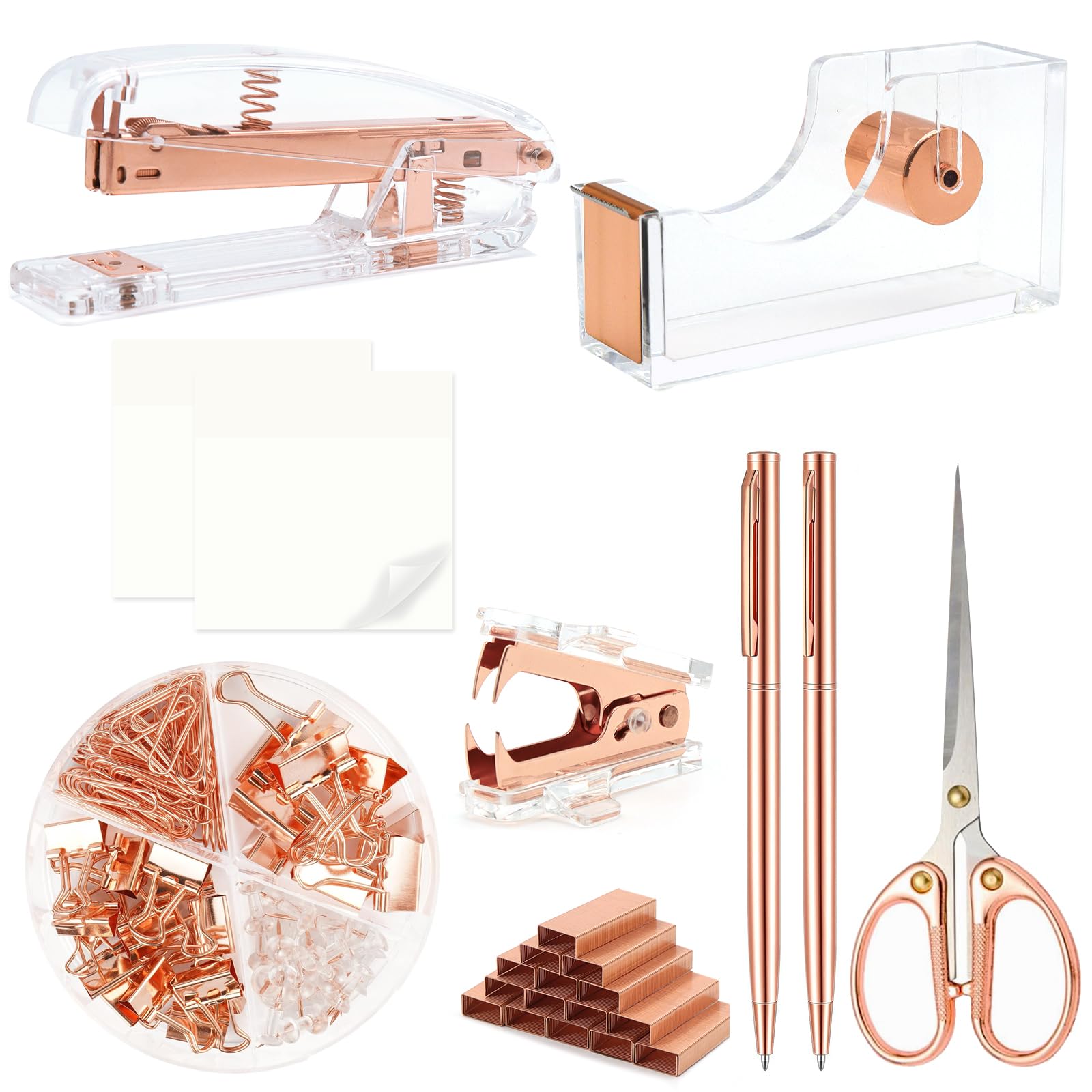 Rose Gold Office Supplies,Rose Gold Desk Accessories,Stapler and Tape Dispenser Set with Stapler,Tape Dispenser, Staple Remover, Staples, Clips,Scissor,Pen and Sticky Notes,Gifts for Office Clerks