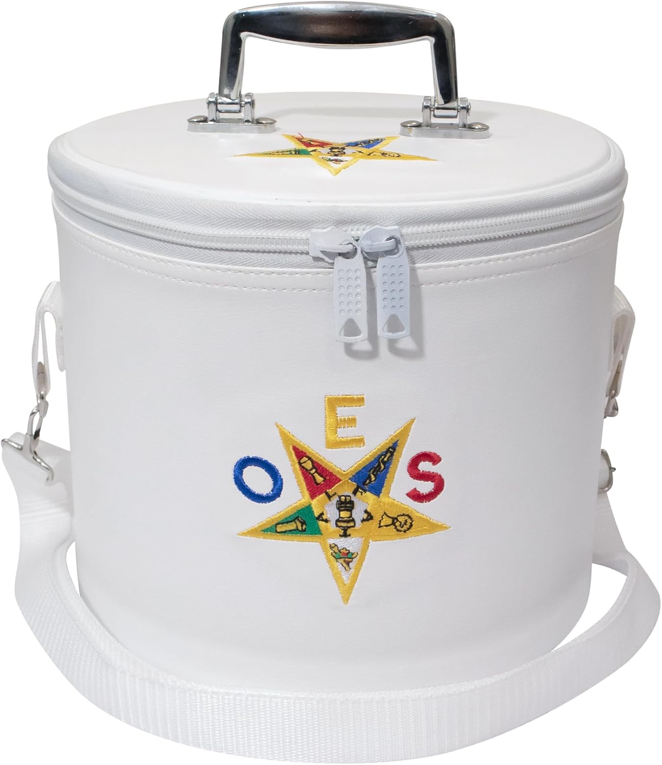 Premium Masonic OES Fez Hat Case White Leather, O in Blue Eastern Star Dual Emblems (Machine Embroidery) Front & Top, with Shoulder Strap