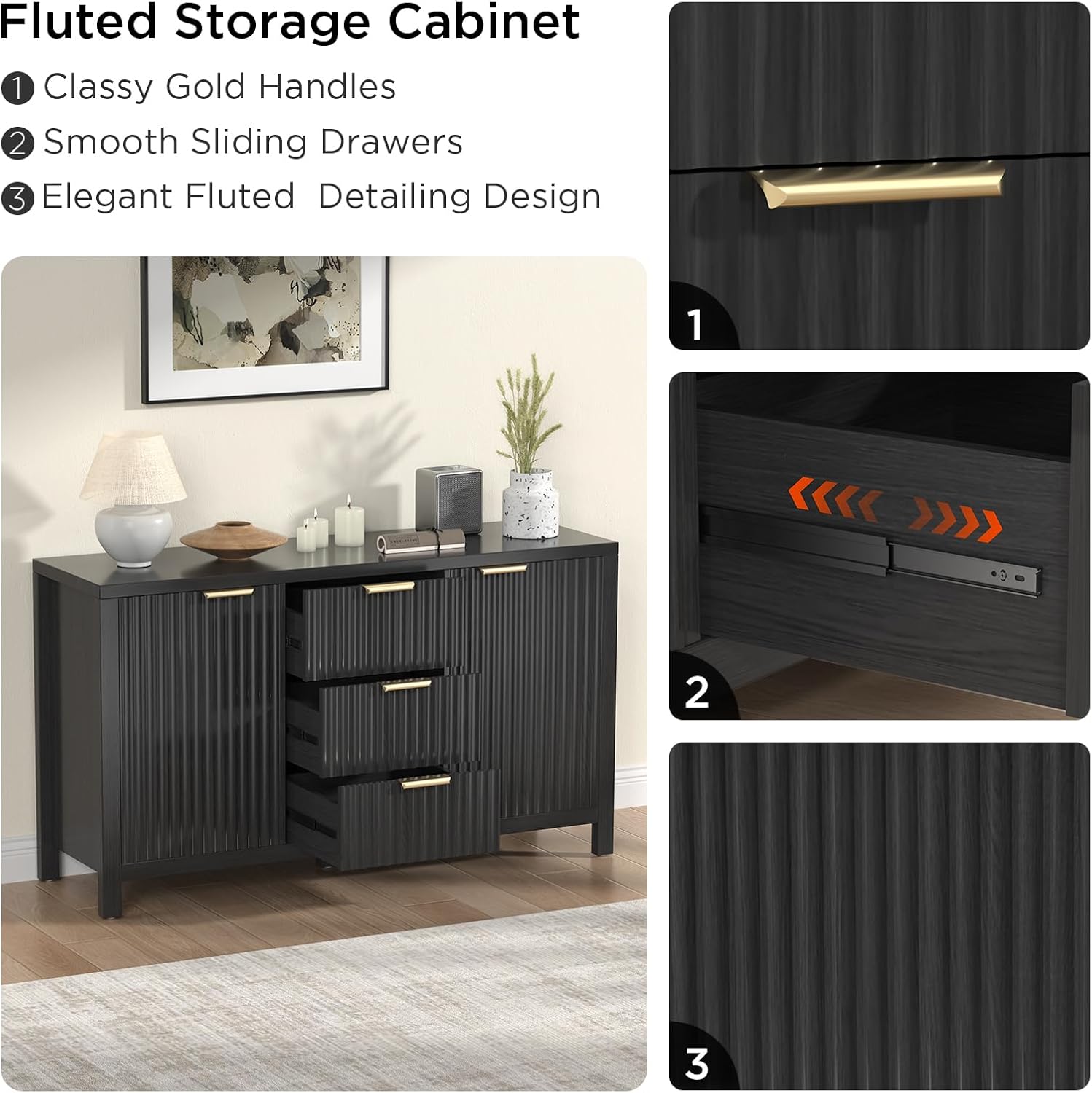 Modern Black Fluted Sideboard Buffet Cabinet with 3 Drawers - Stylish Storage Credenza for Kitchen, Entryway, and Living Room