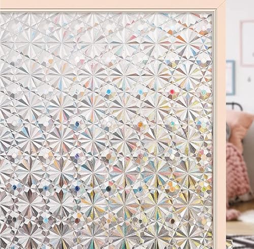 Window Privacy Film Stained Glass Window Clings: Antique Frosted Decorative Film 3D Reflective Rainbow Prism Stickers Uv Sun Blocking Non-Adhesive Static Bathroom Door Covering(Pure,17.5 X 78.7 Inch) #TOP3