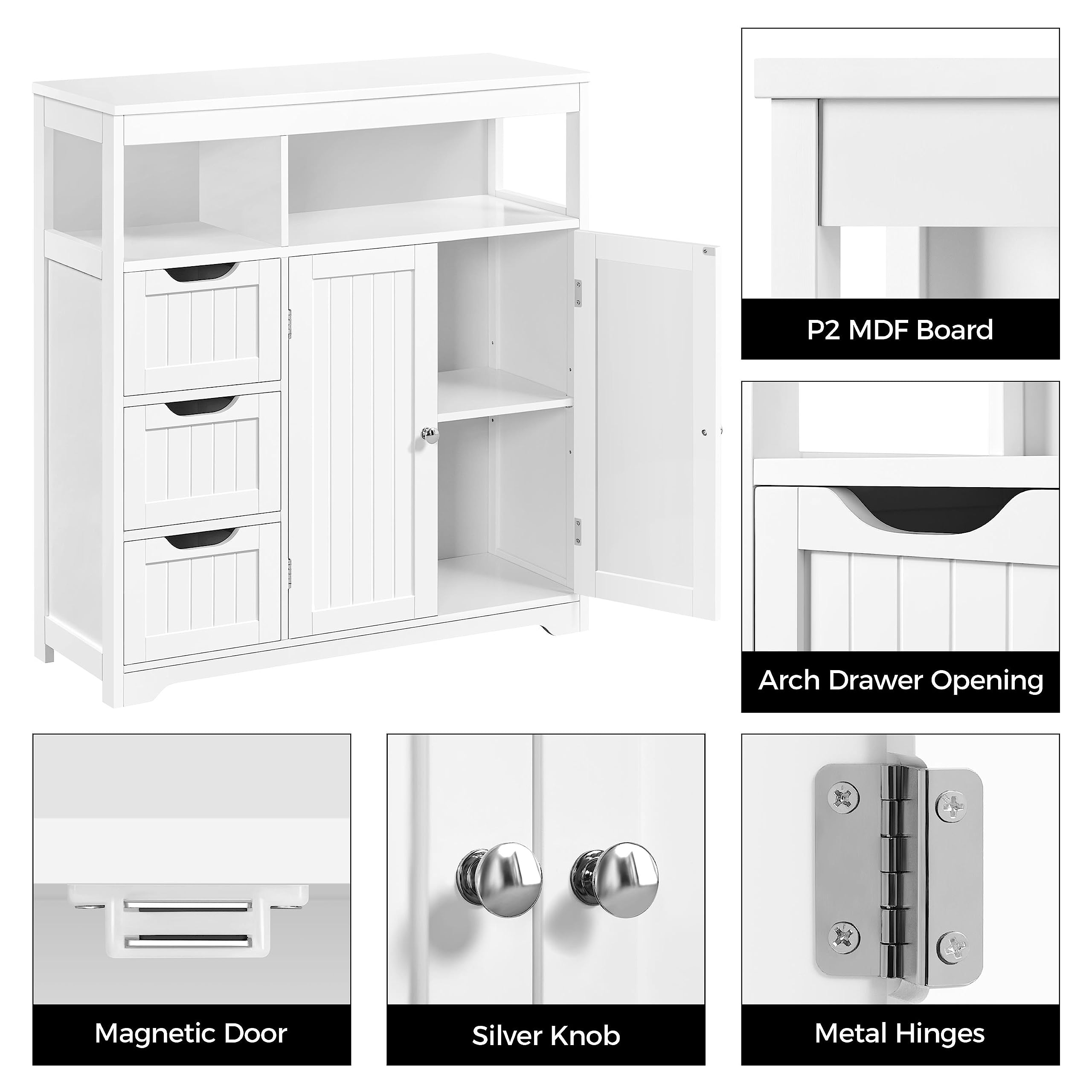 Yaheetech Armario de Baño Suelo Mueble de Baño 80,5×30×86,5cm Blanco | con Cajones y Estante Ajustable Mueble con Puertas Salón Aparador Cocina