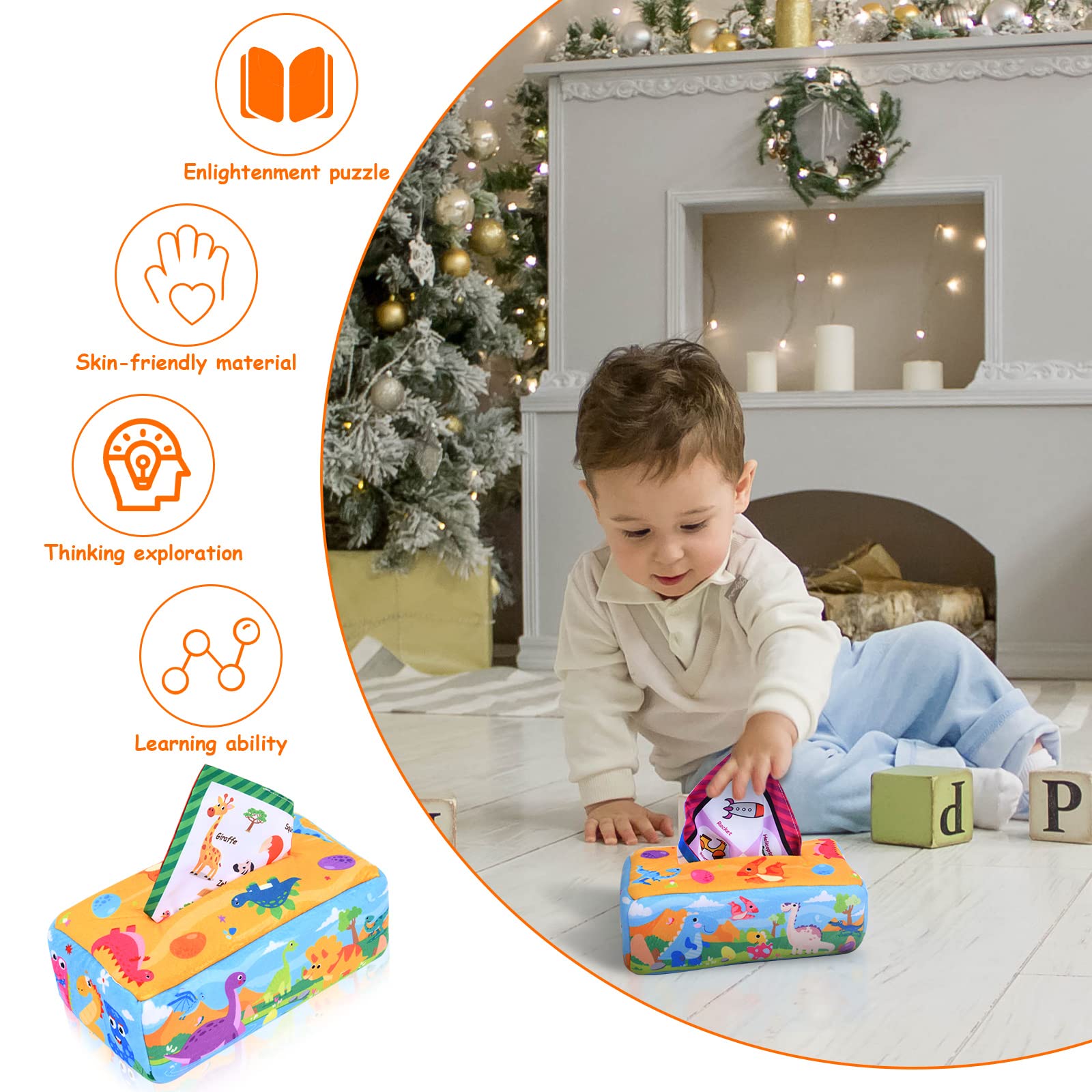 Vicloon Livre Tissu Bébé,Jouet Bébé Boîte à Mouchoirs+4 Morceaux de Papier + 15 Gaze avec Couleurs,Textures,Sons-Nouveaux Jouets Sensoriel Jeux Montessori pour Bébés de 6 à 18 Mois