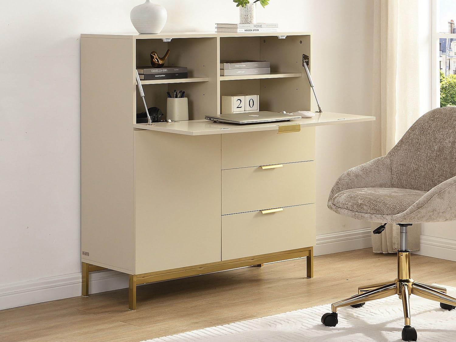 Vente-unique-Sekretär mit 2 Türen & 3 Schubladen - MDF & Metall - Beige - Erwin
