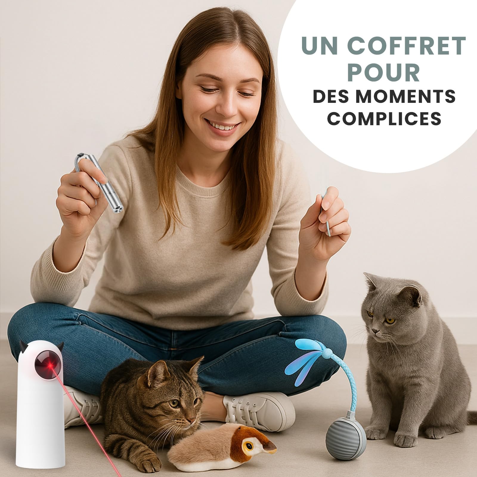 Coffret 4 Jouets Interactifs pour Chat avec Herbe à Chat | Laser Automatique Rotatif, Laser Manuel, Balle Interactive, Oiseau Volant avec Catnip | Pack Anti-Stress et Stimulation Féline