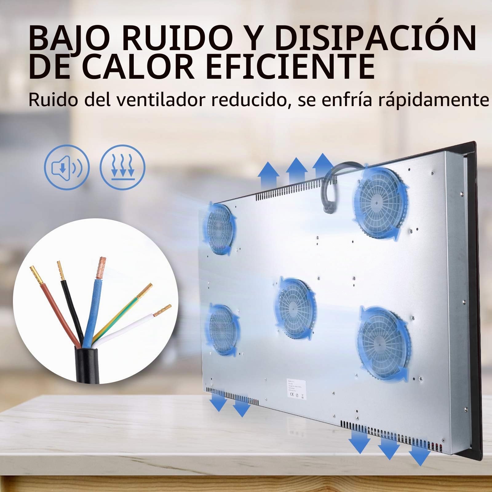Placa de inducción, placa de cocción de inducción eléctrica (8600 W, Autarkic, 5 fuegos, 90 cm, empotrada, táctil, temporizador, cristal cerámica)