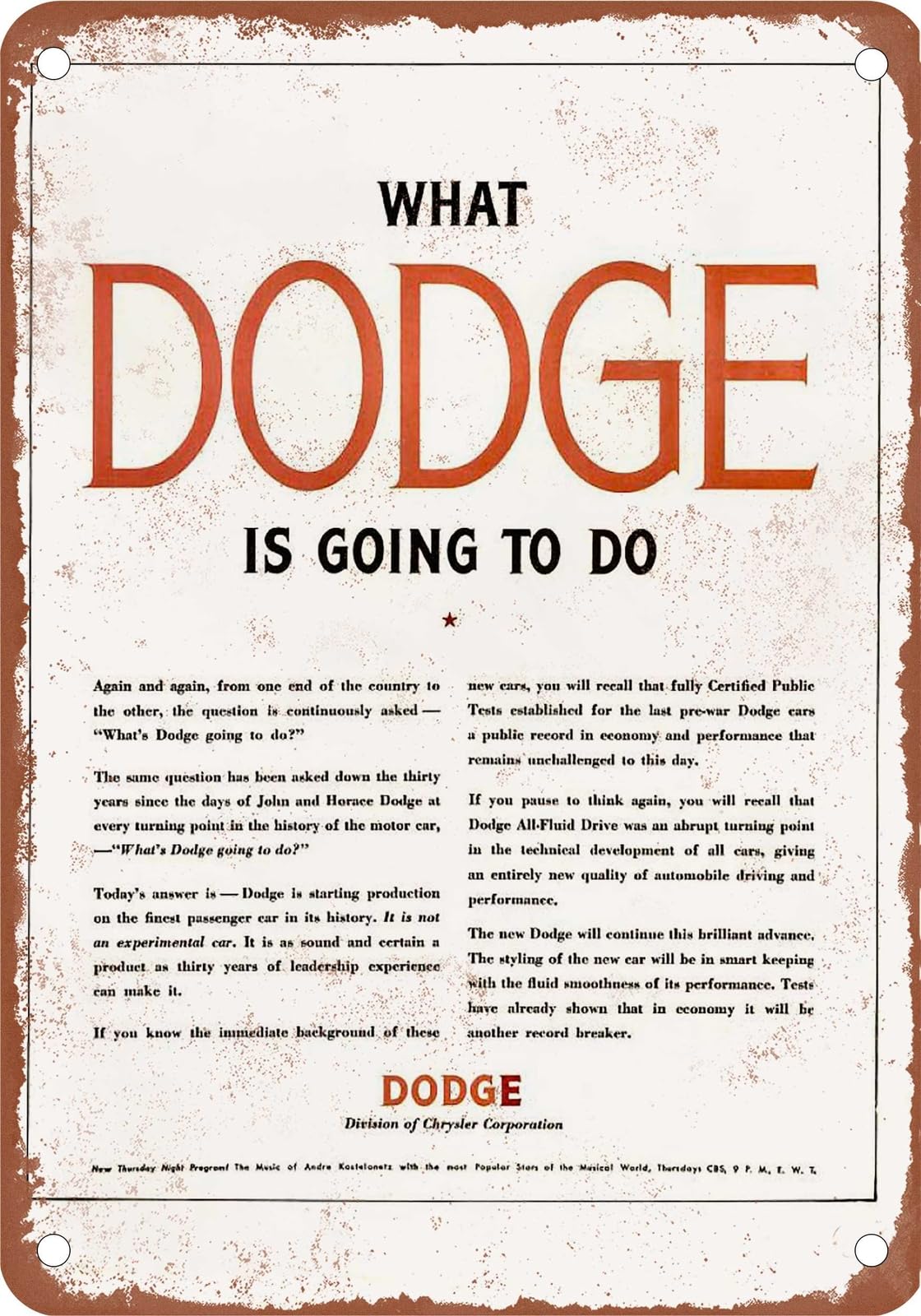 METAL SIGN - 1945 Dodge Vintage Ad 01 - Old Retro Rusty Look home decor