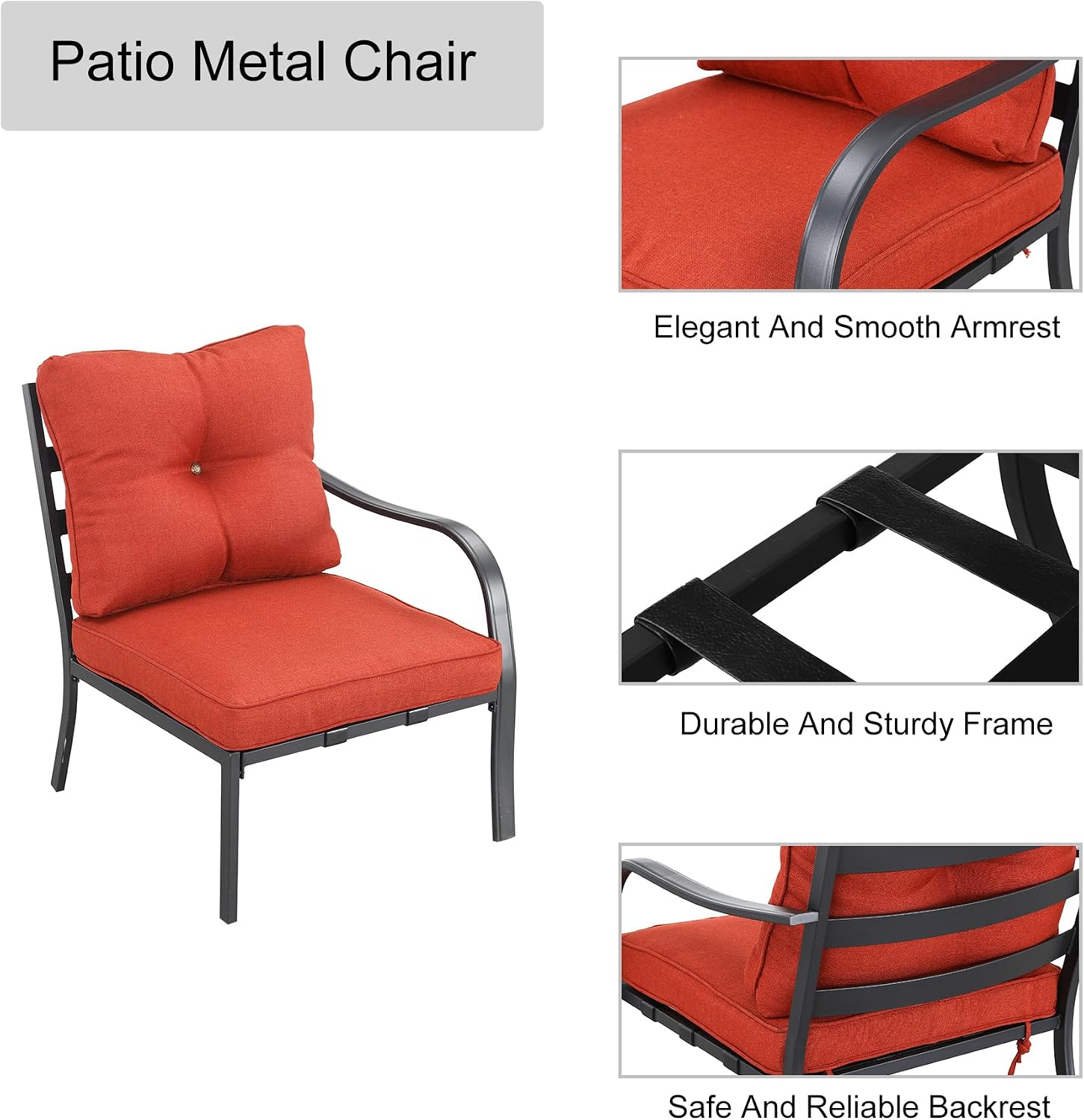 LOKATSE HOME Outdoor Patio Left Armrest Chair with Cushions for Garden, Pool, Backyard, Red