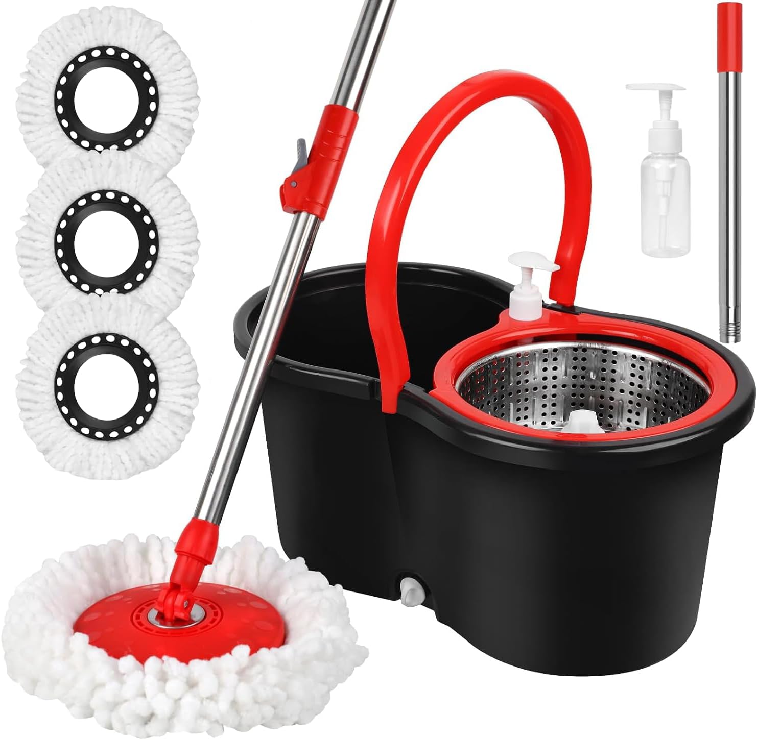 Spin Mop and Bucket with Wringer Set, 360° Spinning Mop Bucket System with 3 Microfiber Mop Replacement Heads Refills,56" Stainless Steel Extended Handle for Floor Cleaning Home(20QT) (Green) (Black)
