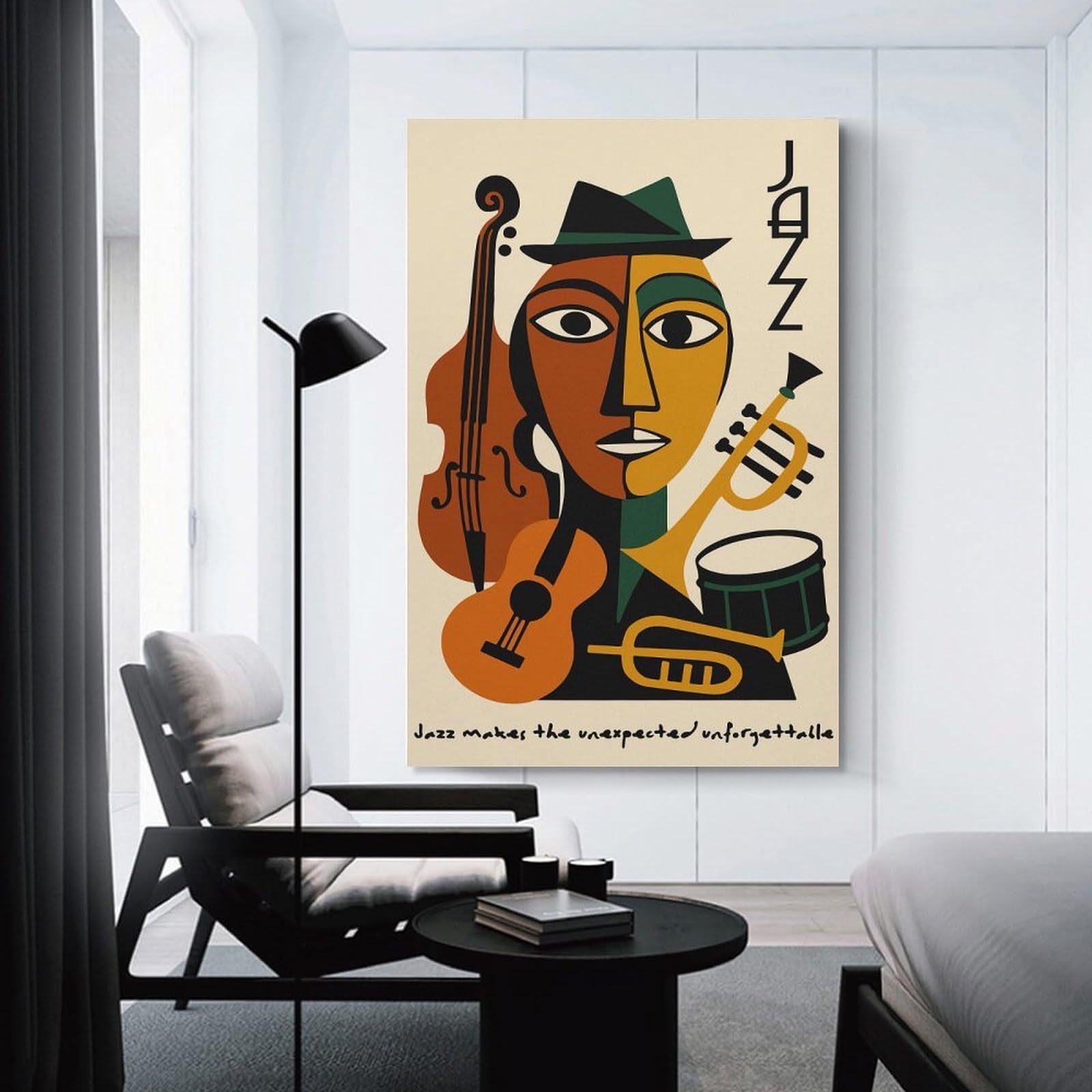 Junmoney Abstract Jazz Musician with Instruments Wall Decor Canvas Print 24x36inch(60x90cm), for Lounge Decor, Bedroom Walls Or Flats, Canvas Styling for A Polished Room Look