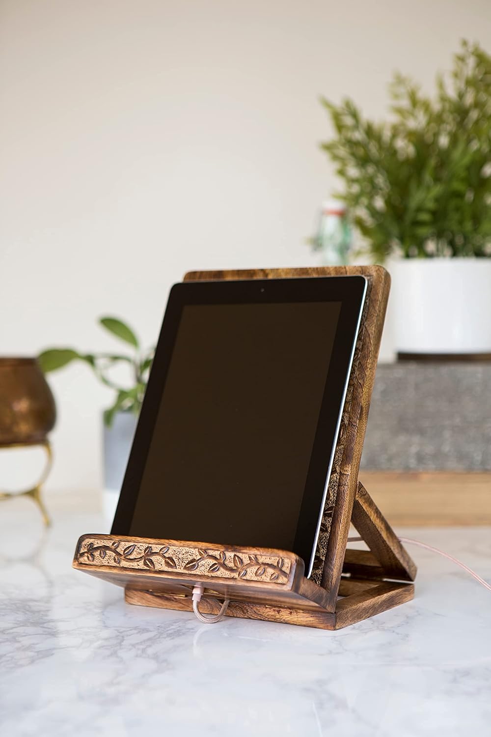 Matr Boomie, Hand Carved Solid Wood Recipe Cookbook Holder Stand (Tree of Life Design, 10.5x7.5), Tablet Dock, Docking Station, for Kitchen, Desk, Workshop