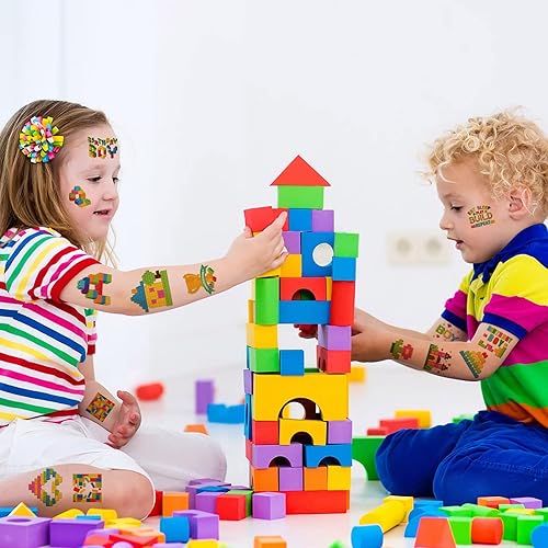 Miniatura 4 de Qpout 95 piezas de bloques de construcción que brillan en la oscuridad, tatuajes temporales para niños, 8 hojas de ladrillos de construcción,