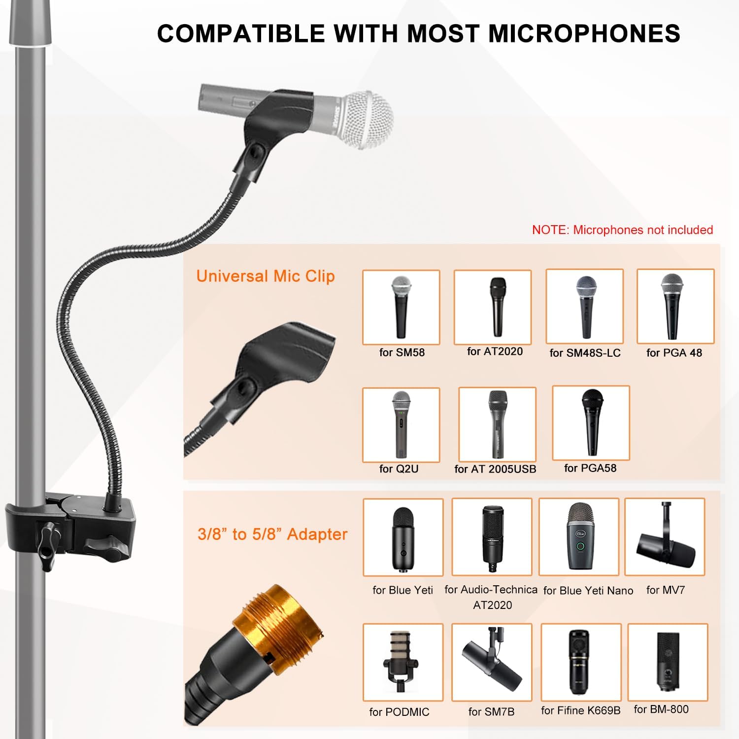 Microphone Stand, Versatile Mic Arm for Desk Pole Tripod, Gooseneck Mic Stand Desk Mount with Super Clamp Mic holder and 3/8" to 5/8" Adapter, Fits for Blue Snowball and Other Microphones (21 Inch)