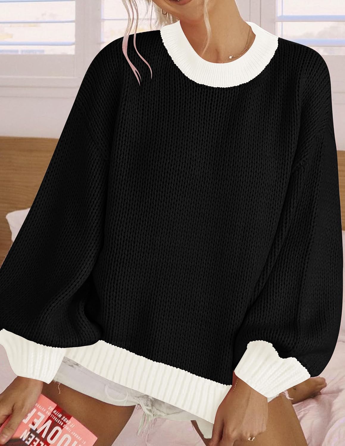 ZESICA Women's Casual Long Sleeve Crew Neck Pullover 2025 Fall Ribbed Knit Loose Contrast Color Sweater Tops - Image 6