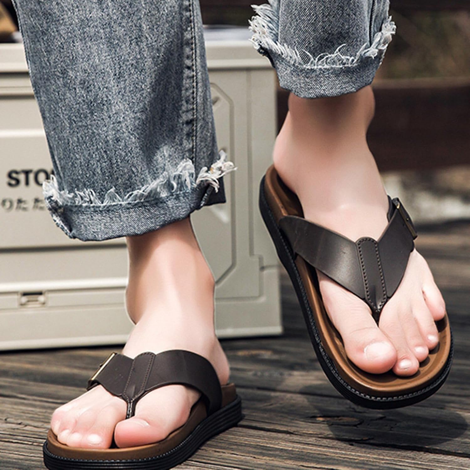 [GUREITOJP] トングサンダル メンズ ビーチサンダル カジュアル 本革 ベルト バックル レザー 夏用 革 柔らかい 歩き