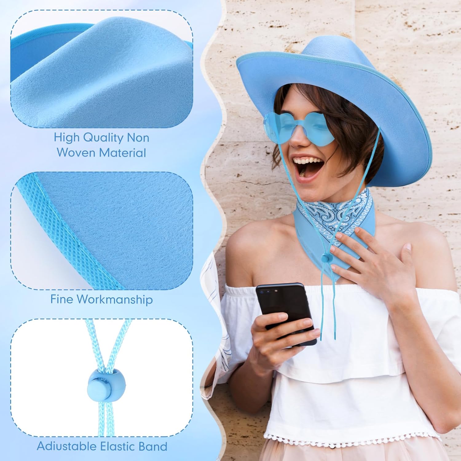 Coume 18 Pcs Cowboy Hat with Heart Sunglasses and Paisley Bandanas Western Cowgirl Hat for Cosplay Costume Adults(Sky Blue,Simple Style)