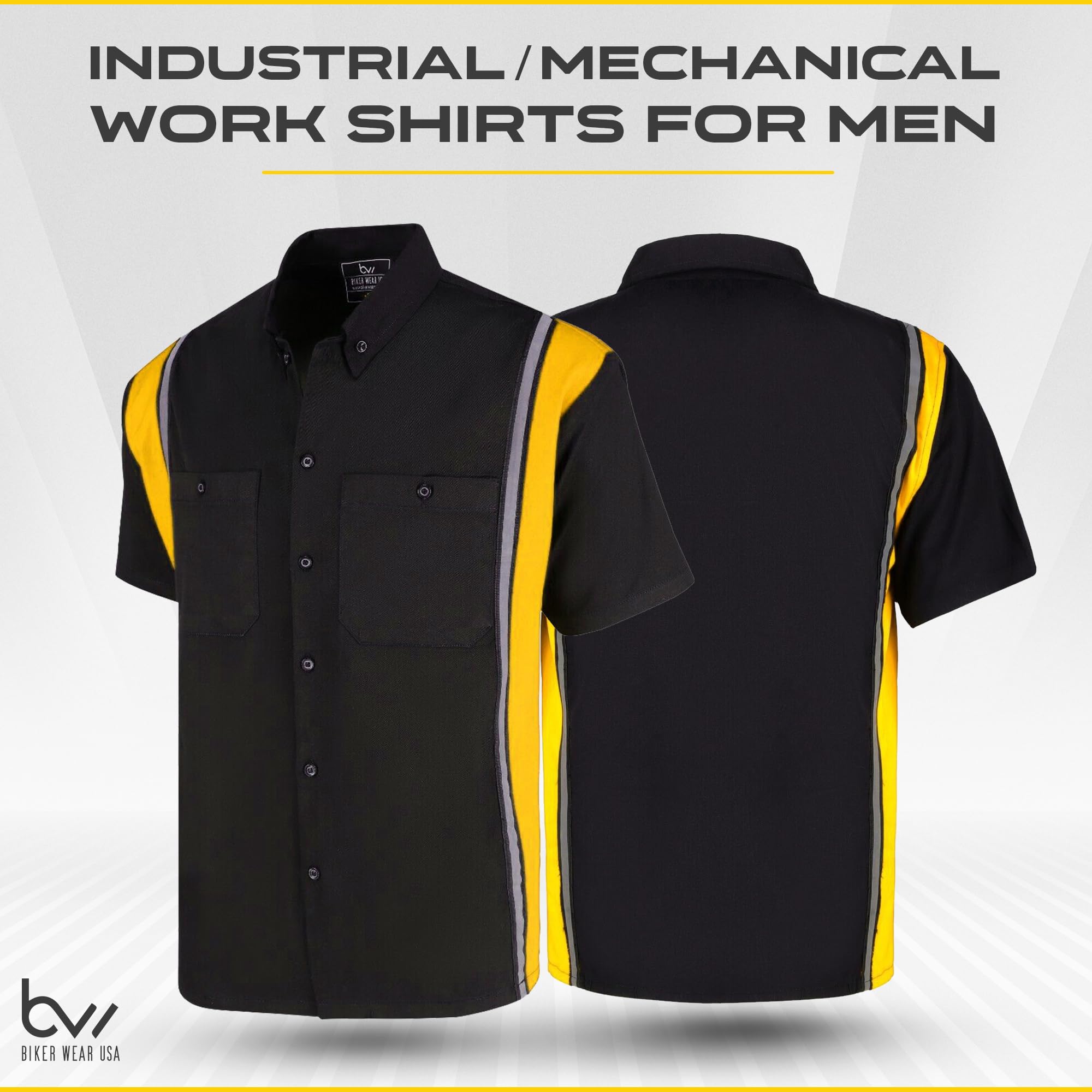BIKER WEAR USA Men’s Work Shirt- Mechanical/Industrial Work Shirt with Vertical Reflective Lining Black/Gold