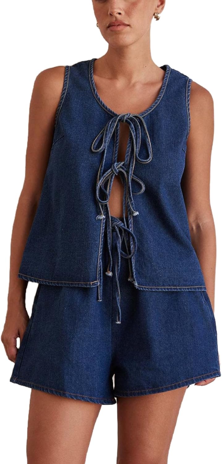 2 Piece Outfits for Women Sleeveless Tie Front Scoop Neck Denim Crop Top and High Waist Shorts Set Casual Outfits