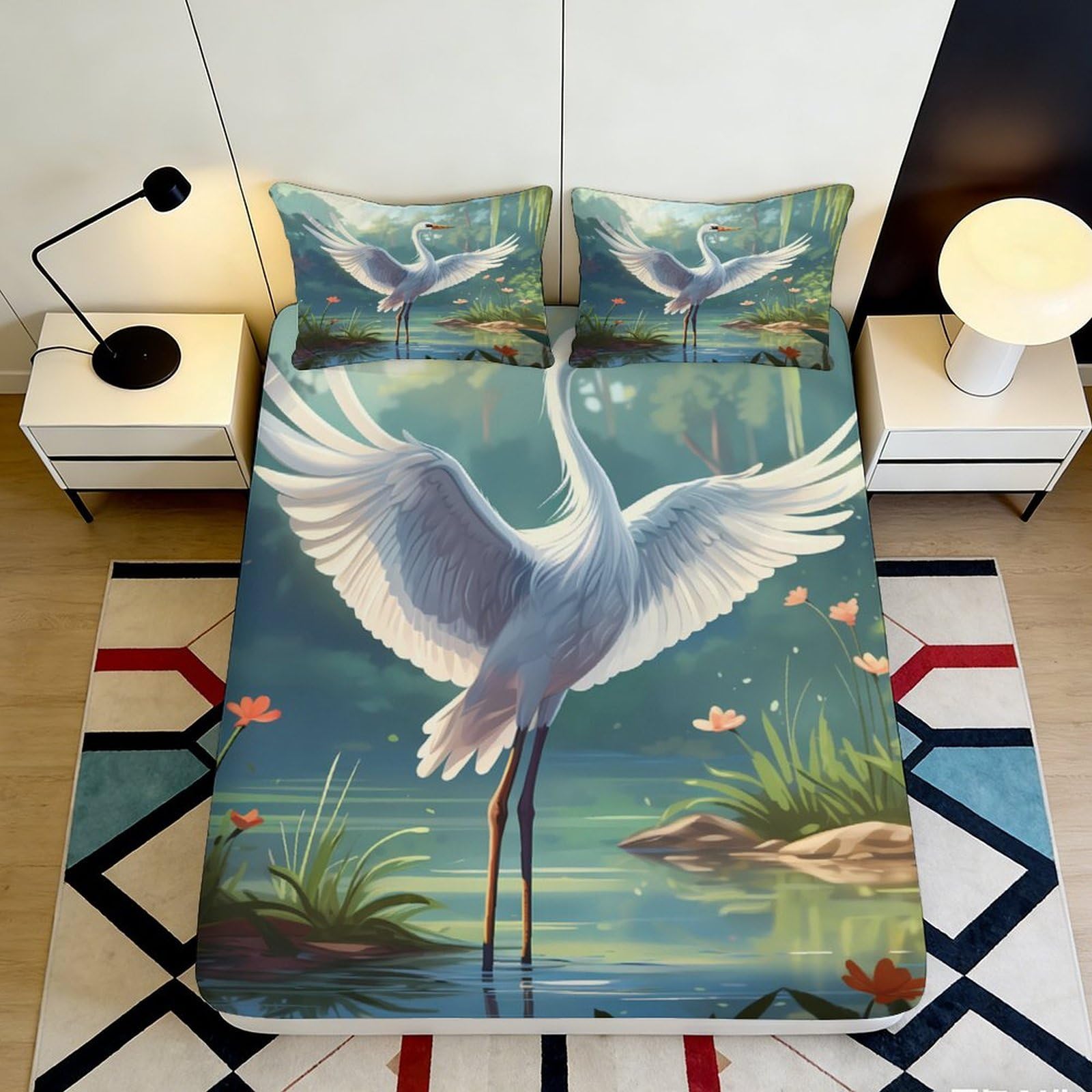 3D Printed Crane Lake Fitted Sheet Microfiber Bedroom Decor Lotus Pond Mattress Cover Anti-Slip Washable Protection 90x200x25cm