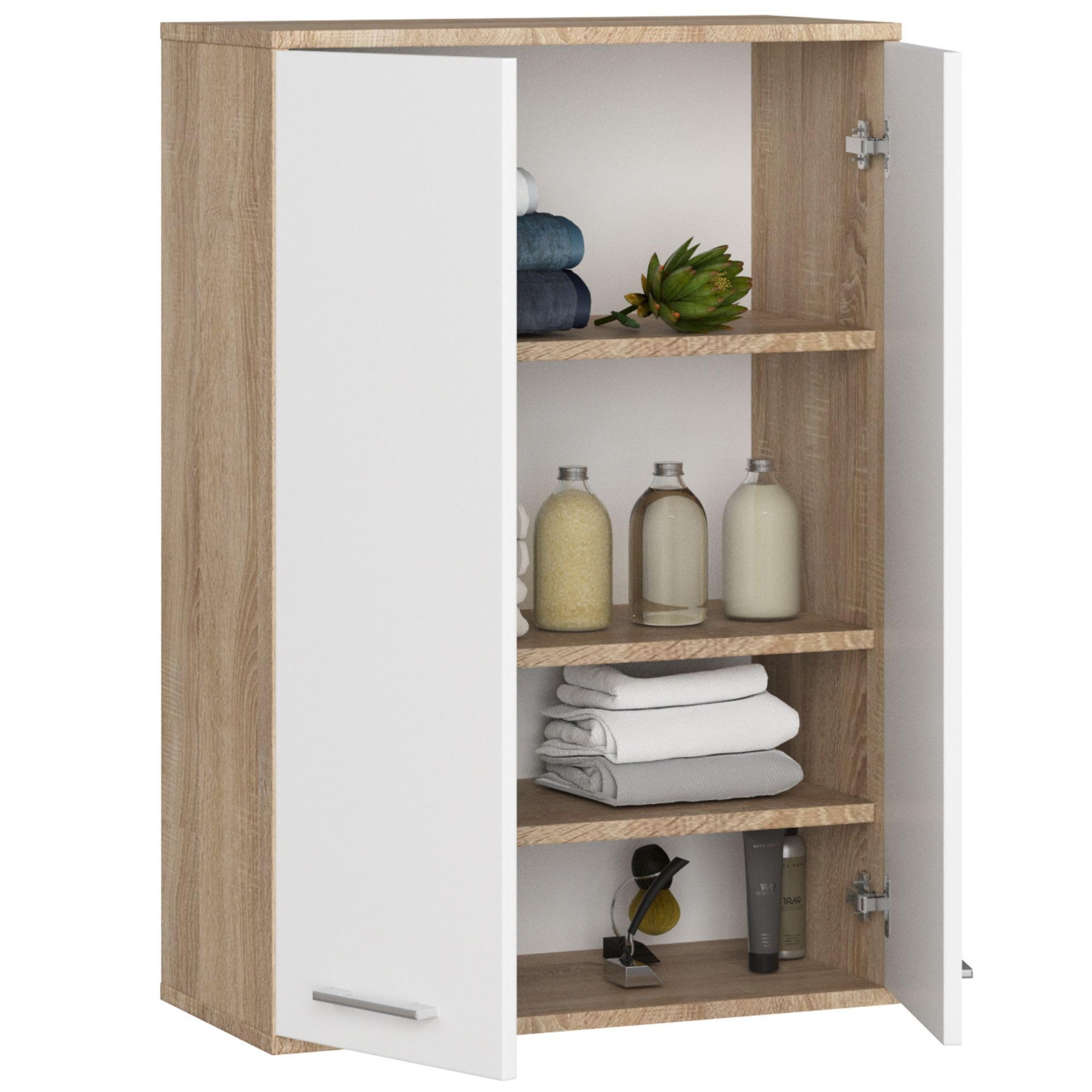 AKORD Meuble Salle de Bain Suspendu Fin 64 cm - 2 Portes, 4 Étagères - Armoire Murale 64x94x30 cm - Meuble Haut WC - Compact, Moderne - Idéal pour Petits Espaces - Chêne de Sonoma & Blanc