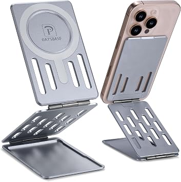 Magnetic Tri-Fold Cell Phone Stand for Desk, Adjustable Metal Phone Holder for Magsafe, Portable & Foldable Card Phone Mount for Recording, Office Small Stand for iPhone 16/15/14/13/12 Silver