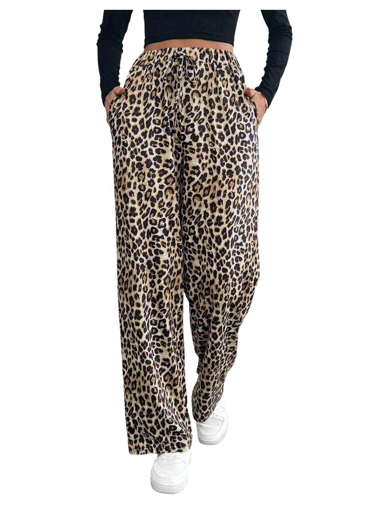 Verdusa Womens Leopard Print Pants Y2K Streetwear Straight Leg Long Trousers with Pockets