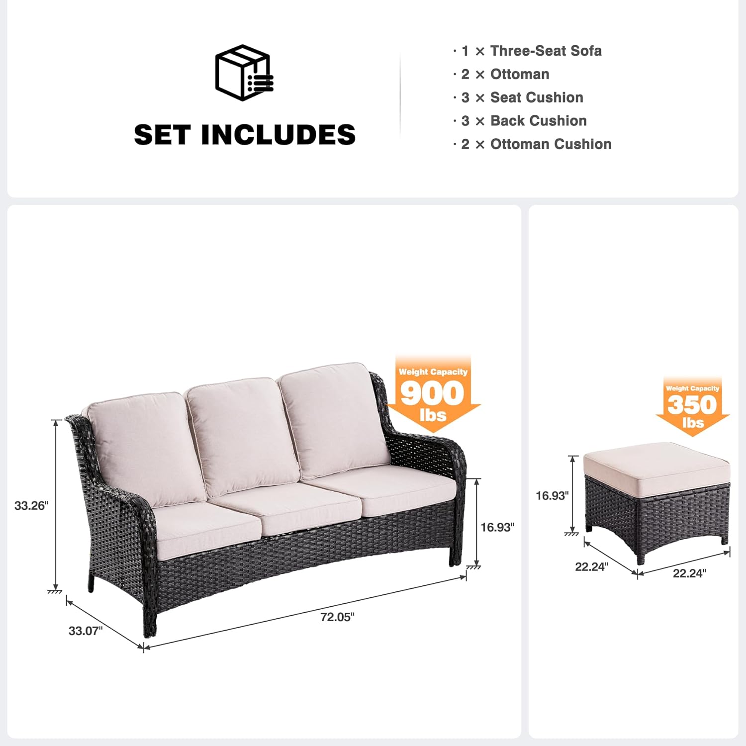 ovios 3-Pieces Patio Furniture Set, Outdoor Wicker Sofa with 2 Ottomans, High Back Couch with Footrests, Comfy Cushions for Porch Deck, Brown Rattan, Beige