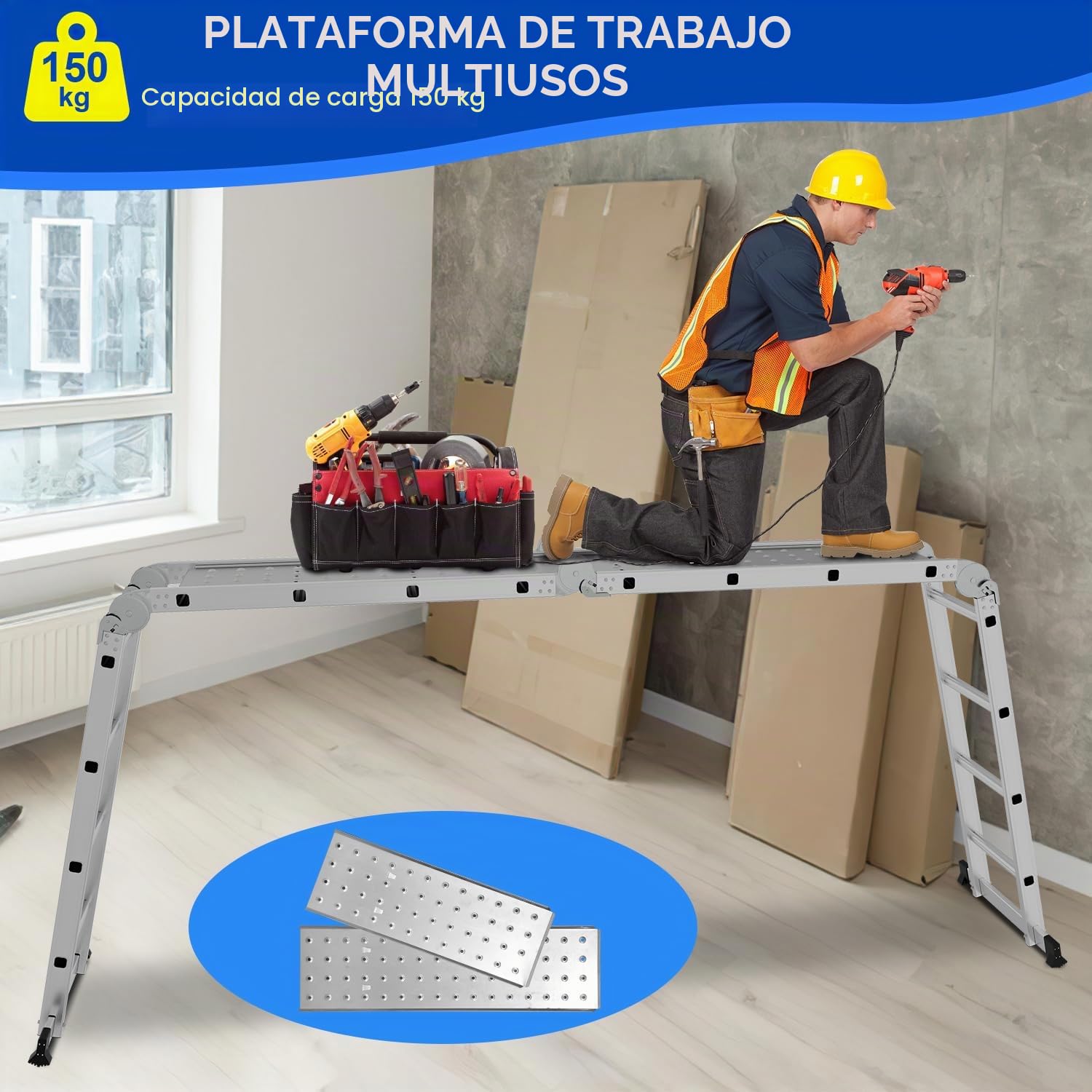 Sonnewelt Escalera multiusos de aluminio de 4 x 5 niveles, escalera multifunción de 5,8 m con plataforma, escalera con 2 placas de andamio, escalera de hasta 150 kg, escalera plegable de 20 peldaños