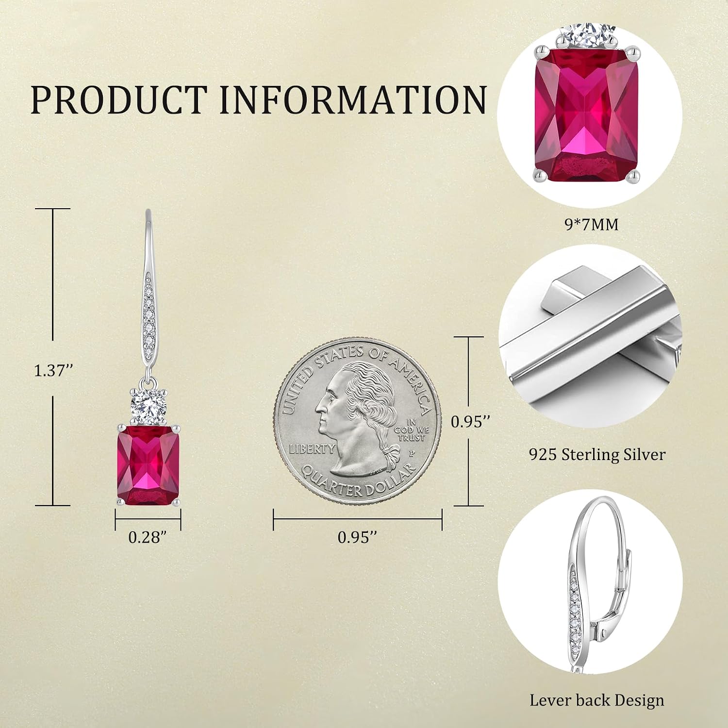 JO WISDOM Women Dangle Earrings,925 Sterling Silver Birthstone Leverback Earrings with 7 * 9mm Valentines Day Gifts for Her Jewelry Mothers Day Christmas Gifts for Women