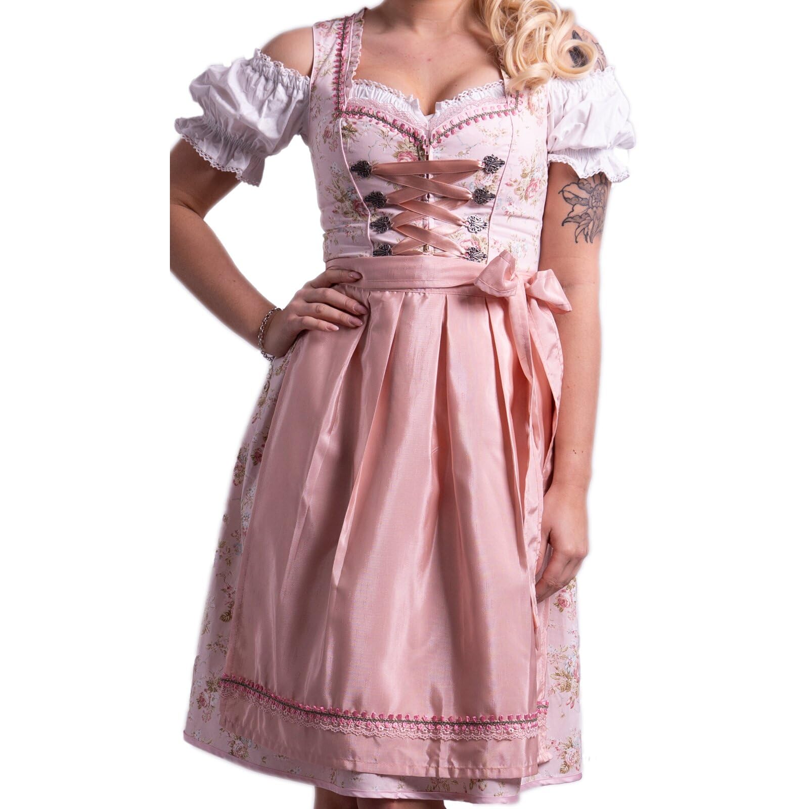 Robe Dirndl 3 pièces avec tablier et chemisier rose à fleurs