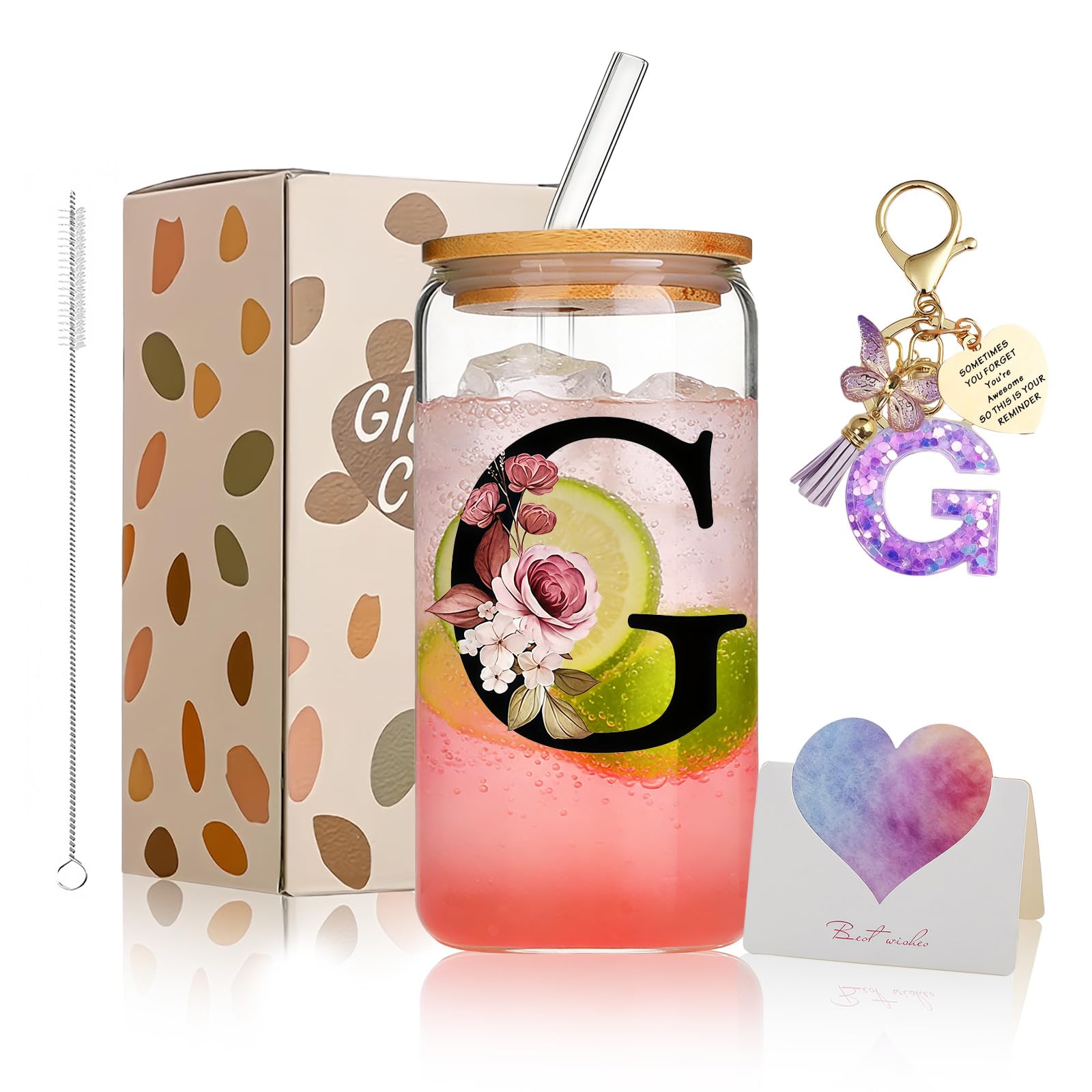 AWSOLAR 17.6oz Glass Cups with Lids and Straws, G Iced Coffee Cup, Personalised Gifts for Women and Men on Valentine, Mother, Father, Birthday, Christmas, Anniversary, Graduation Gifts
