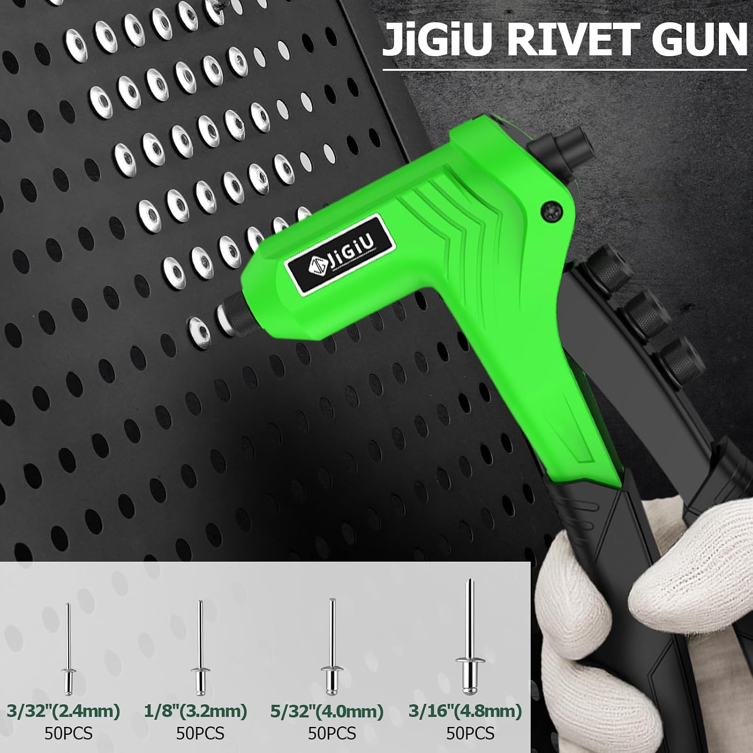 JiGiU Rivet Gun with 200PCs Rivets One-Handed Pop Rivet Gun Set Professional Hand Riveter Manual Riveting Tool 4 Tool-free Interchangeable Nosepieces Effortless Handle Design for Plastic Metal Leather