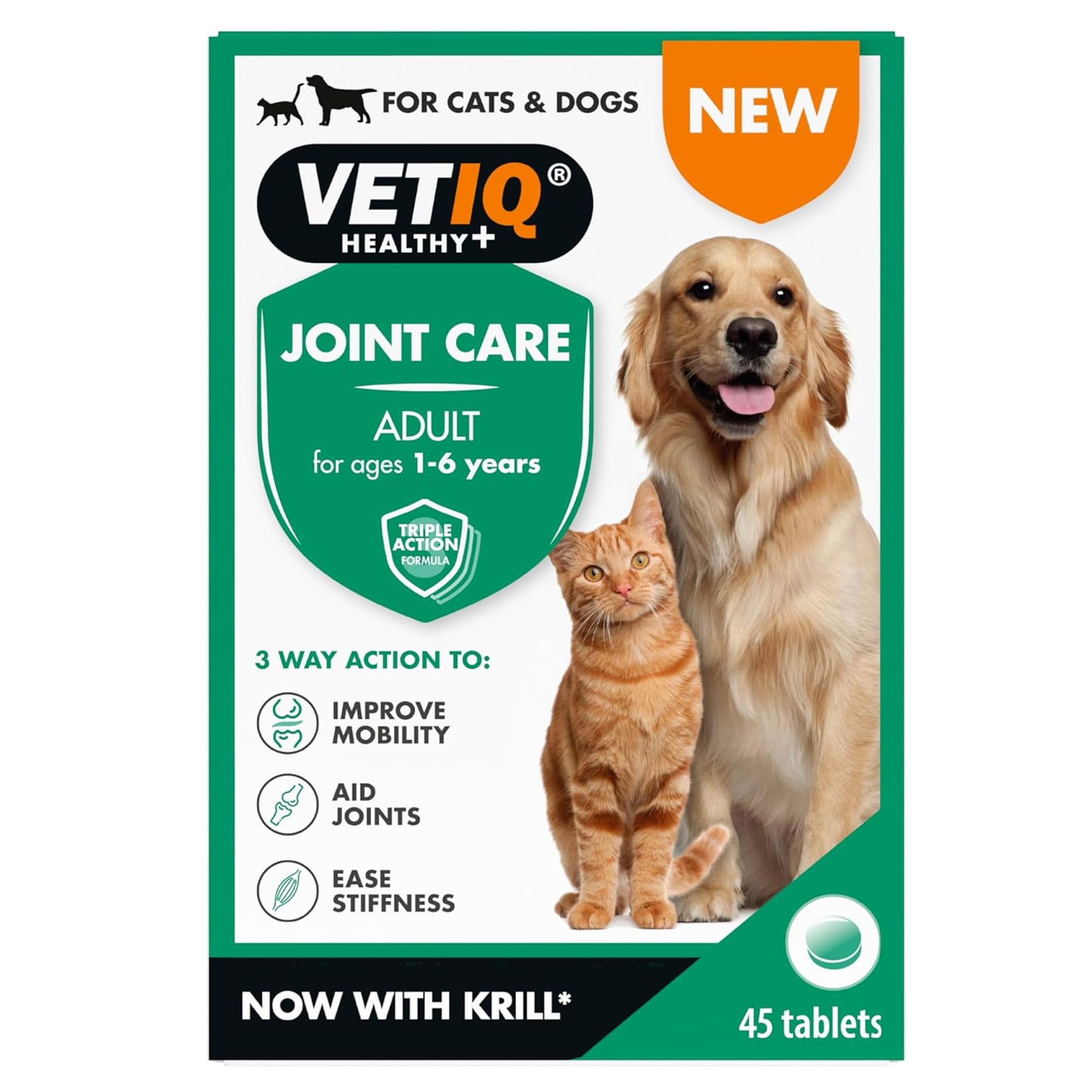 VETIQ Joint Care Adult Supplements for Dogs & Cats aged 1-6 Years, Helps to Improve Mobility, Aid Joints & Ease Stiffness, 45 Tablets (Pack of 1)