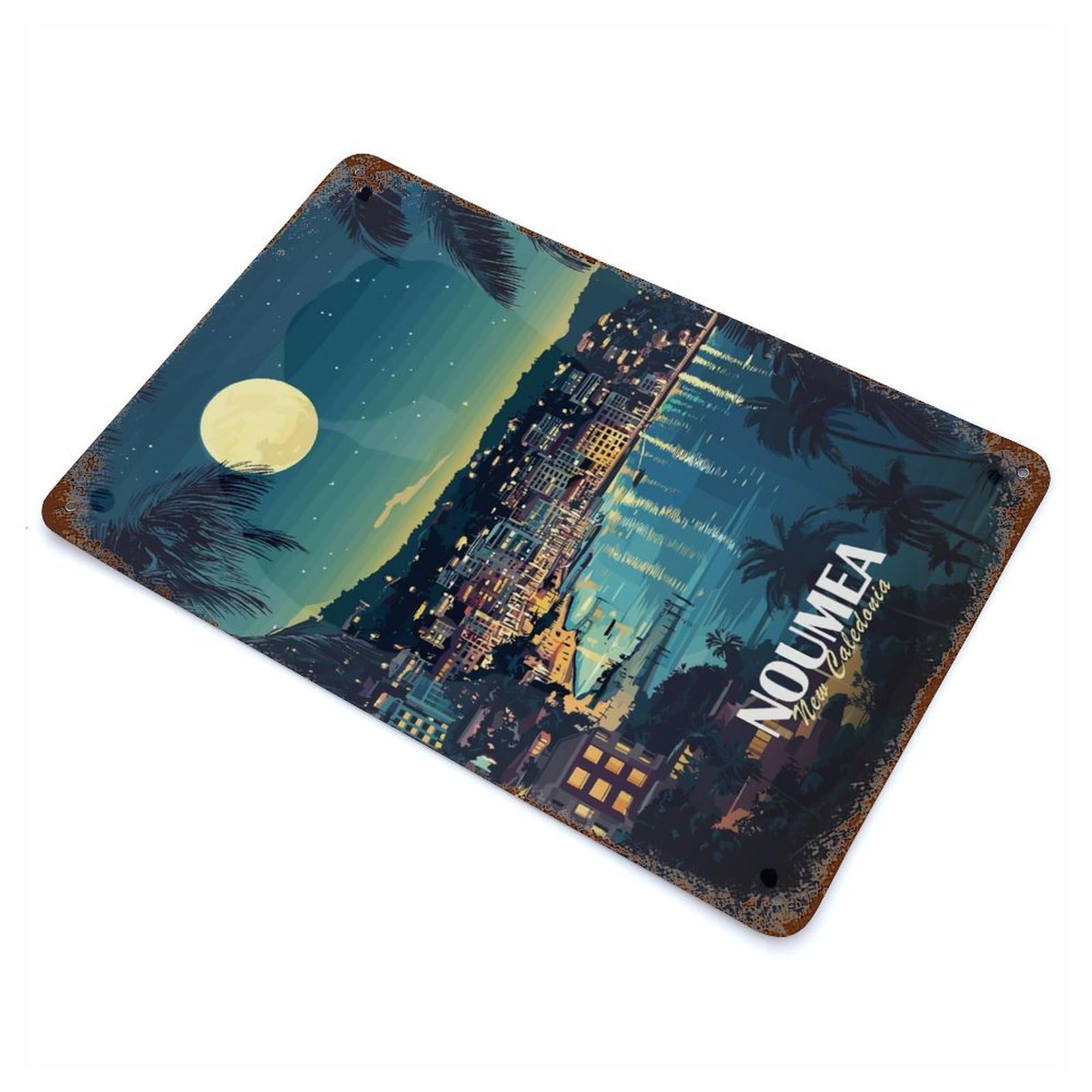 Noumea, New Caledonia Nightscape Illustration Retro Metal Sign 11.8"x7.9", Classic Wall Plaque for Garage, Pub Or Kitchen